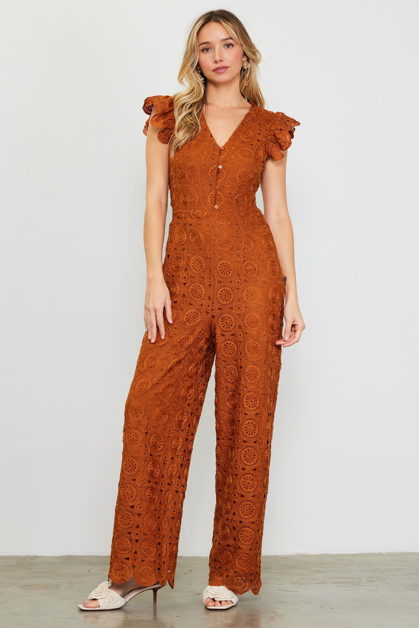 Crochet Ruffled Sleeve Jumpsuit