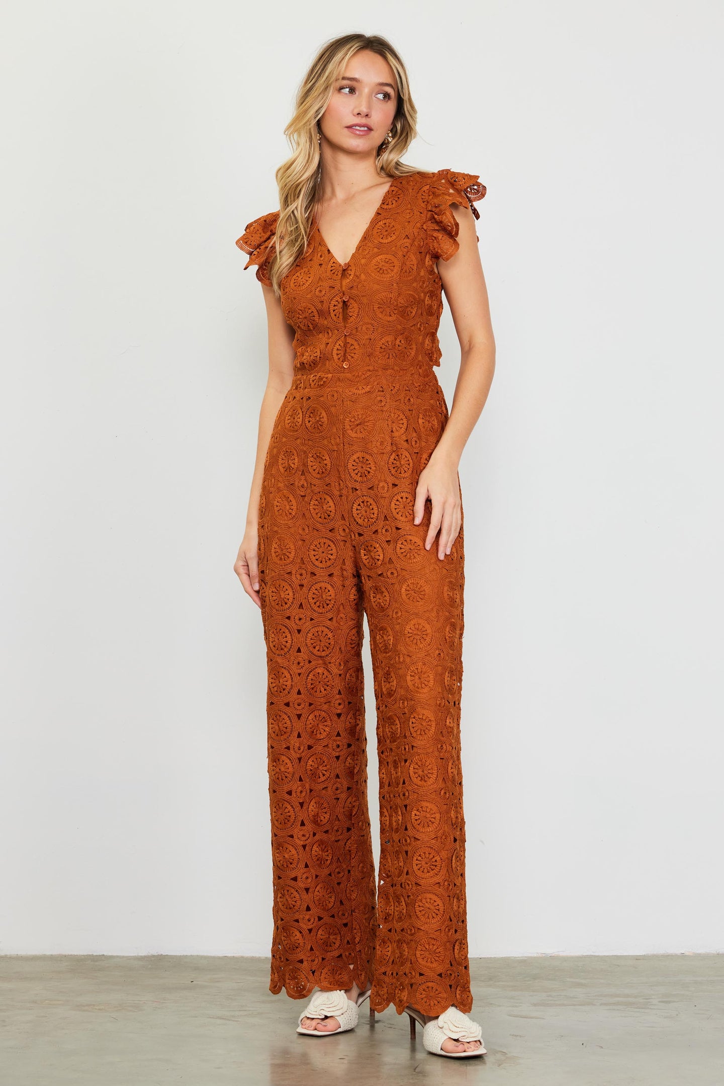 Crochet Ruffled Sleeve Jumpsuit