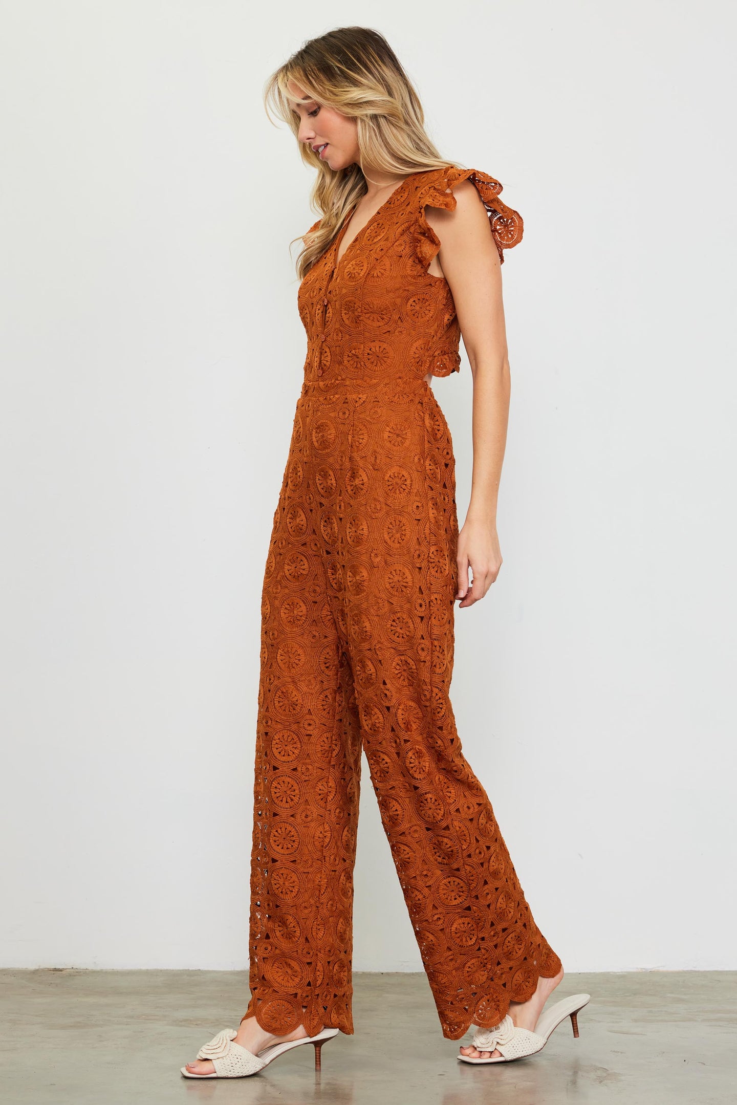 Crochet Ruffled Sleeve Jumpsuit