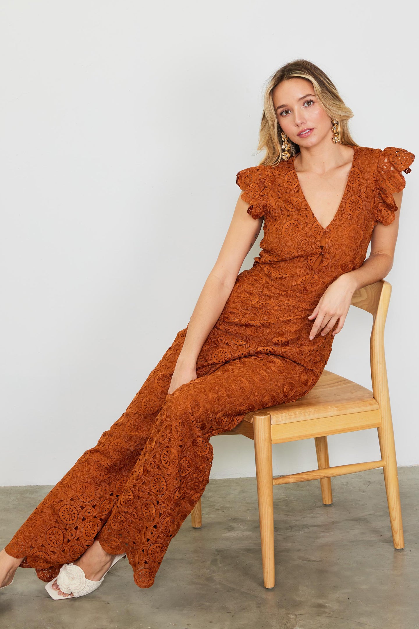 Crochet Ruffled Sleeve Jumpsuit