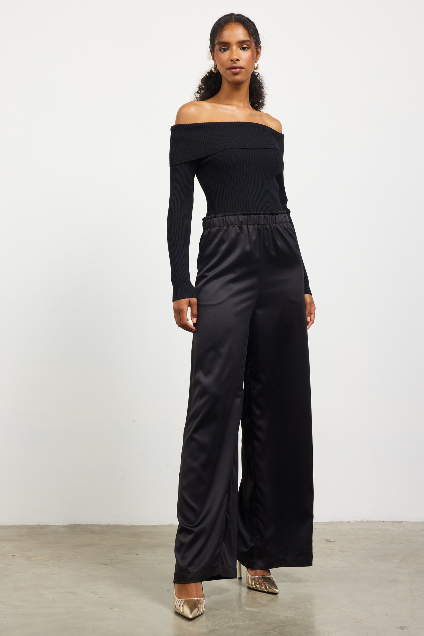 Mixed Media Off-Shoulder Jumpsuit