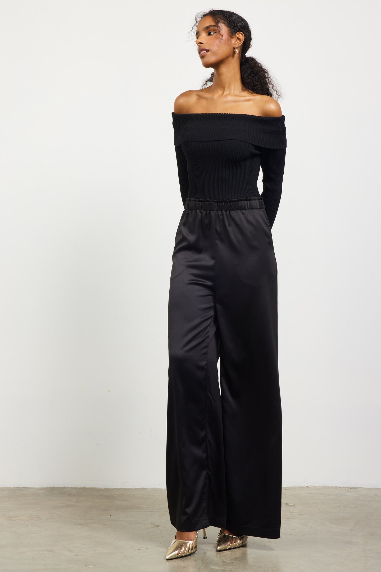 Mixed Media Off-Shoulder Jumpsuit