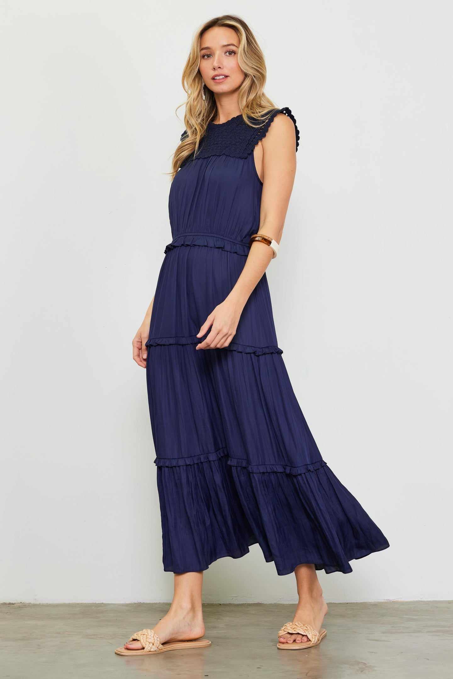 Mixed Media Ruffled Tiered Midi Dress