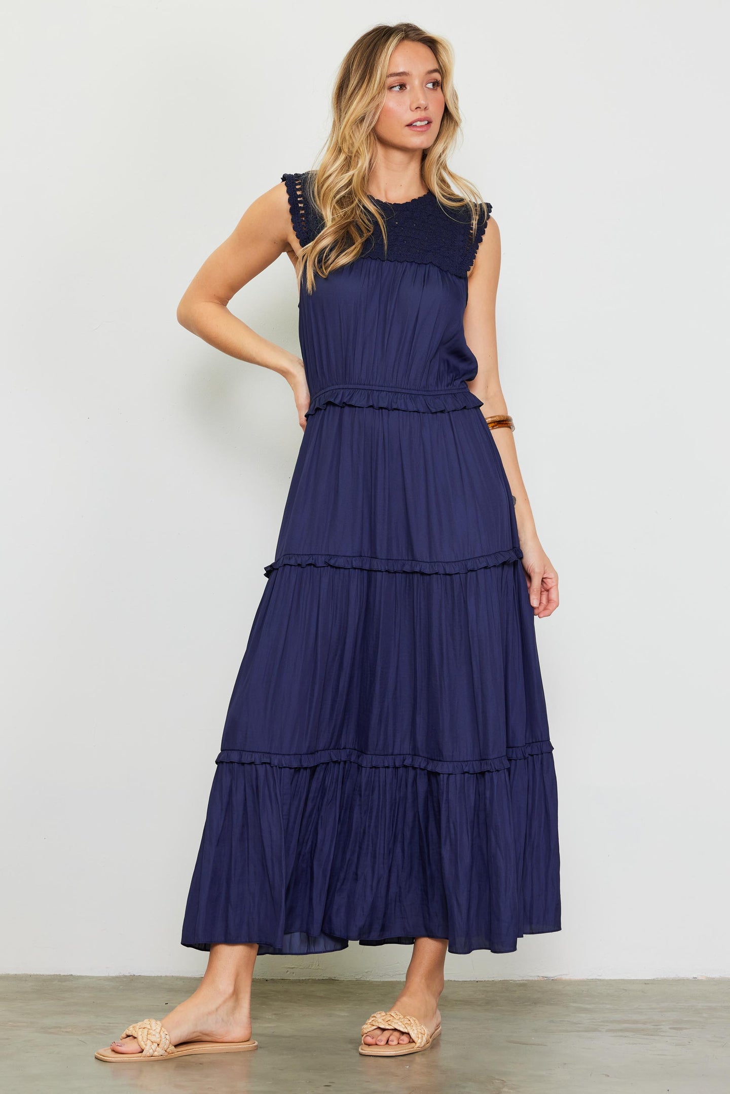 Mixed Media Ruffled Tiered Midi Dress