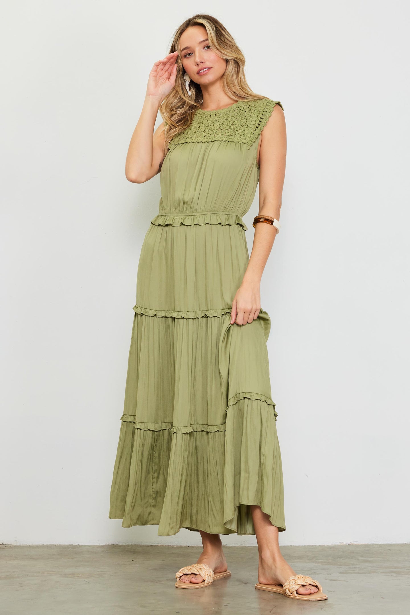 Mixed Media Ruffled Tiered Midi Dress