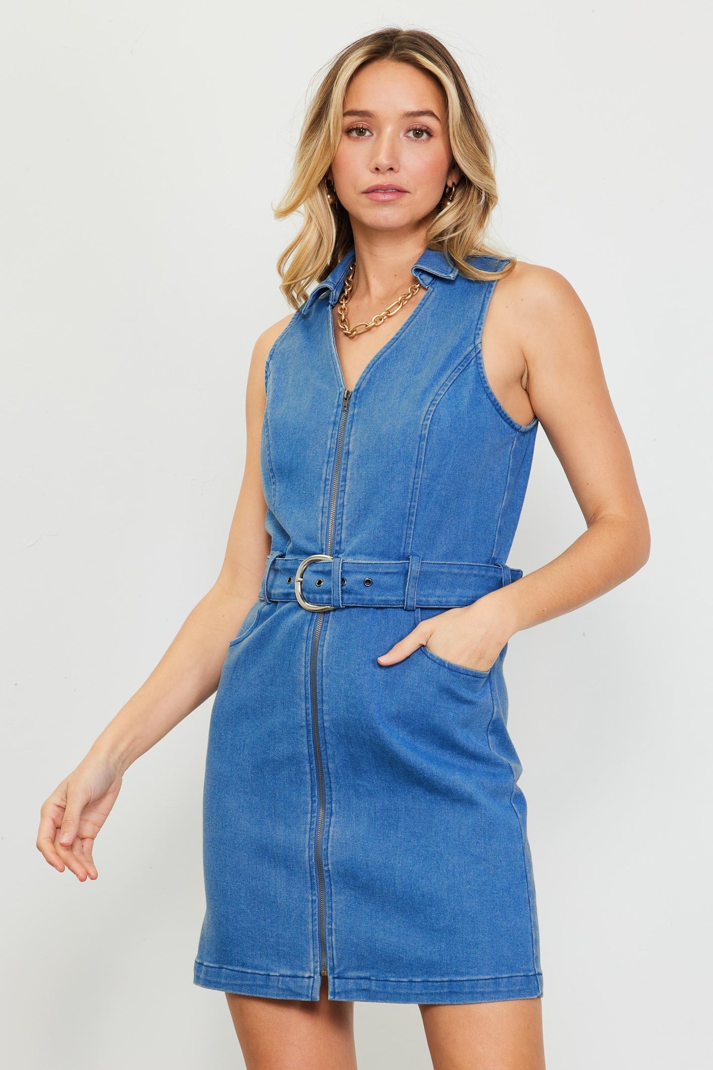 Front Zipper Denim Mini Dress With Belt