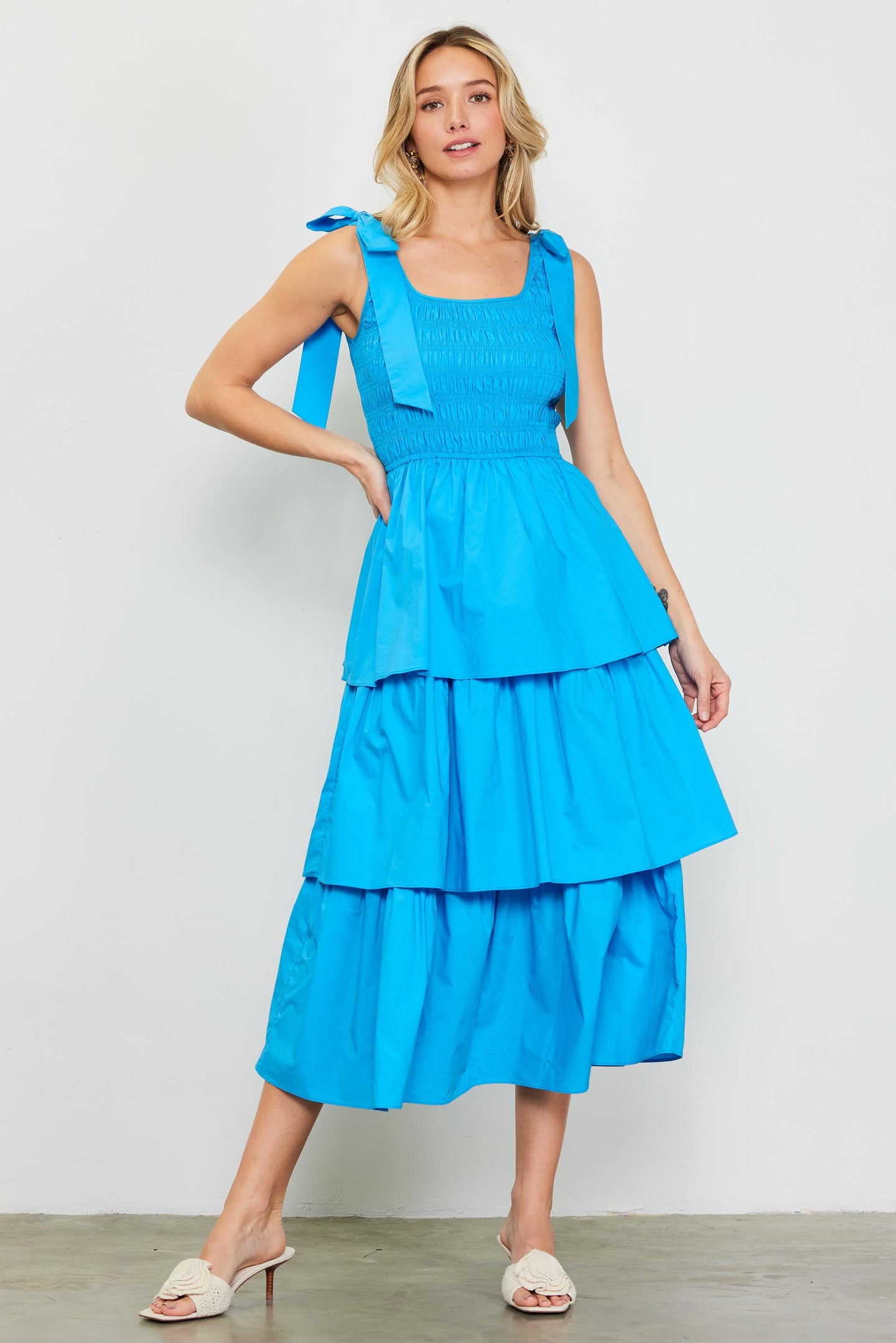 Smocked Bodice Ribbon Detail Tiered Midi Dress