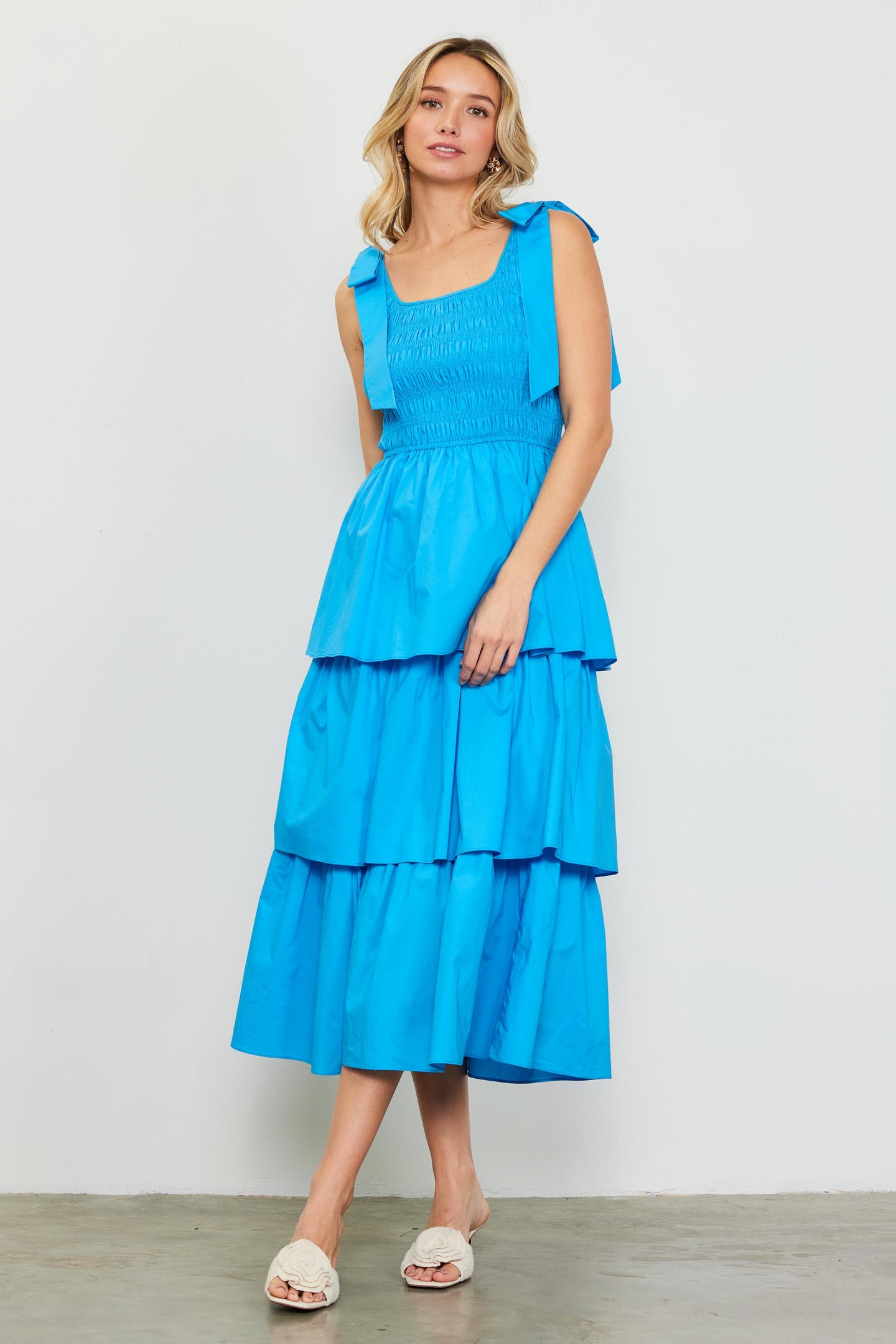 Smocked Bodice Ribbon Detail Tiered Midi Dress