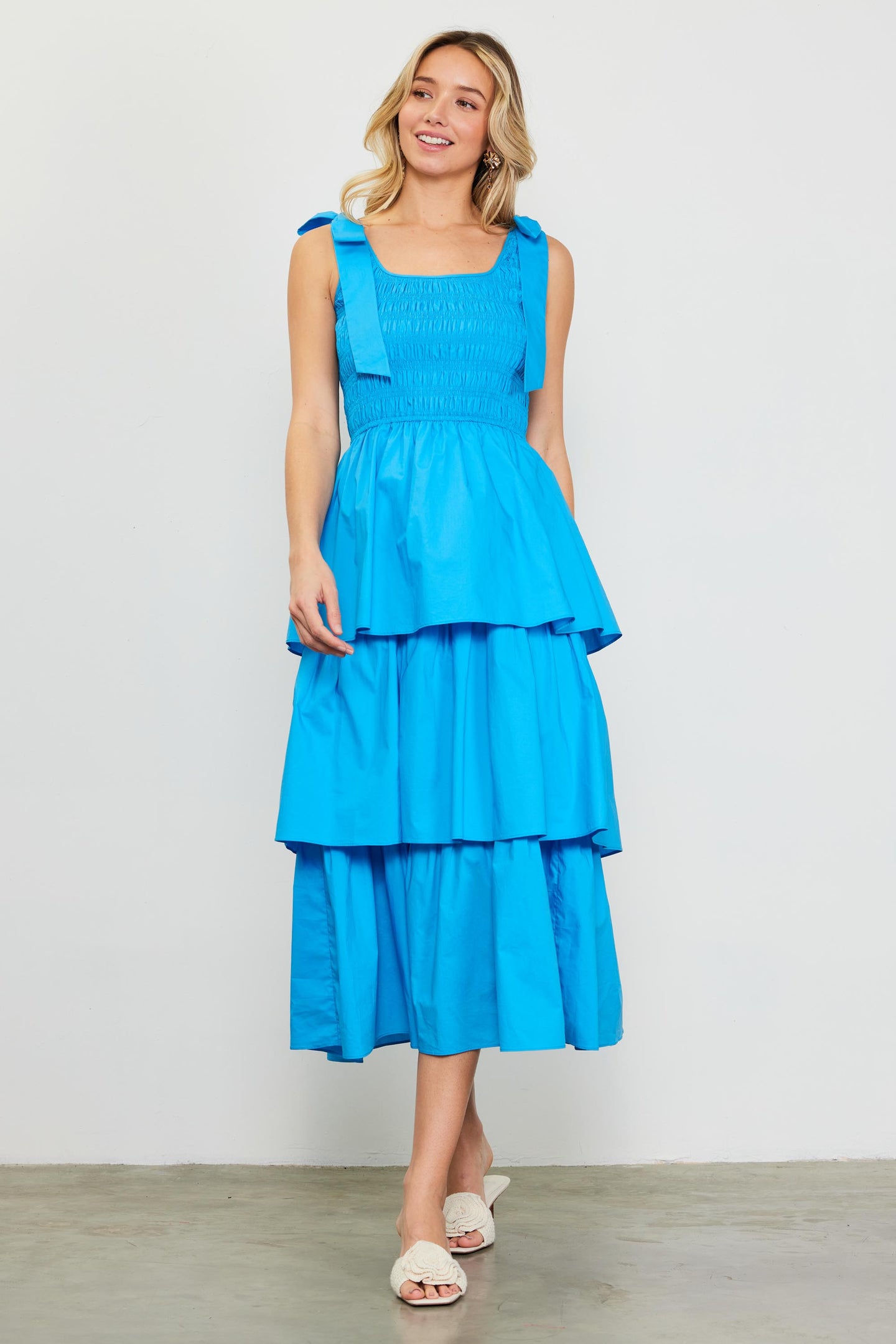 Smocked Bodice Ribbon Detail Tiered Midi Dress