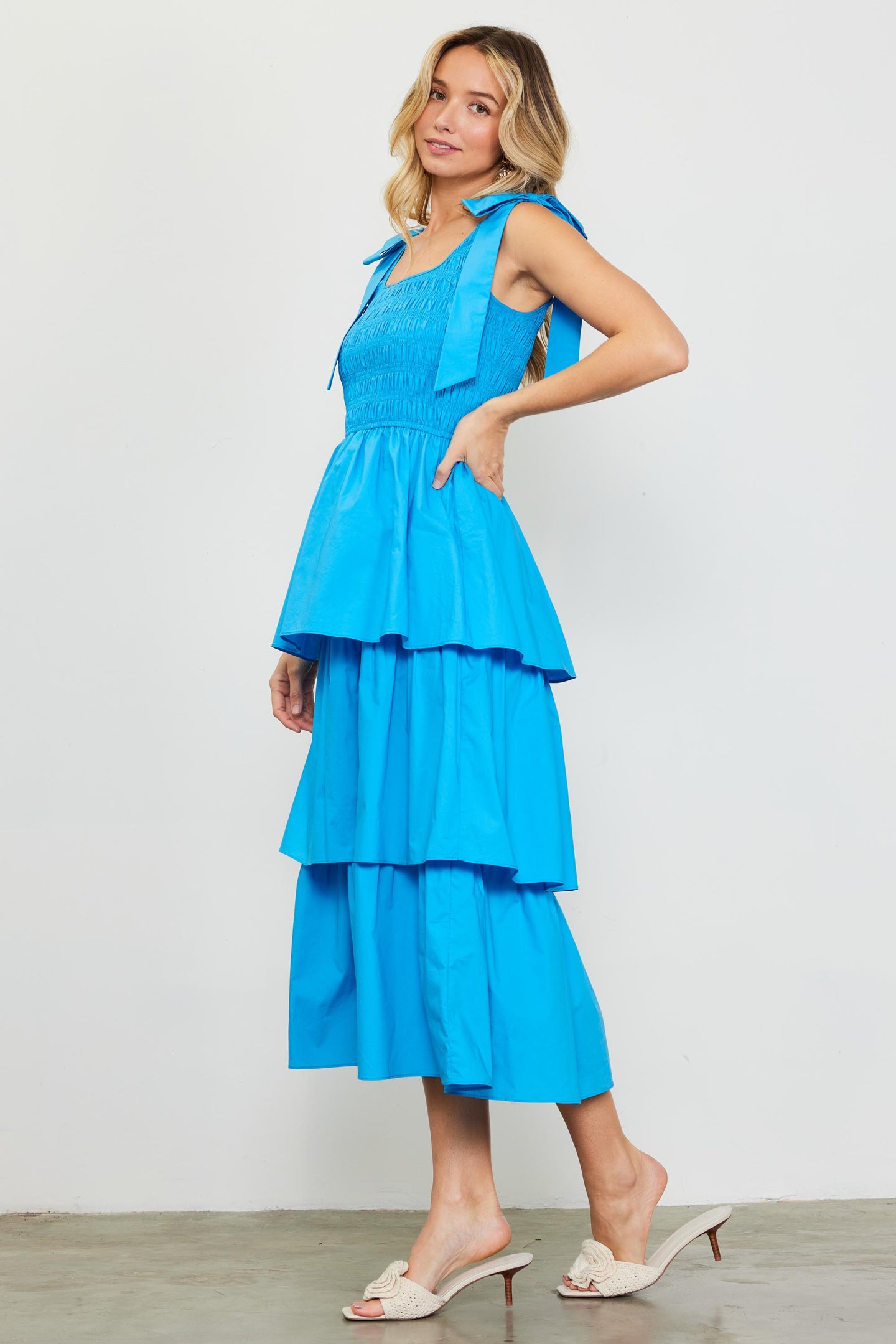 Smocked Bodice Ribbon Detail Tiered Midi Dress