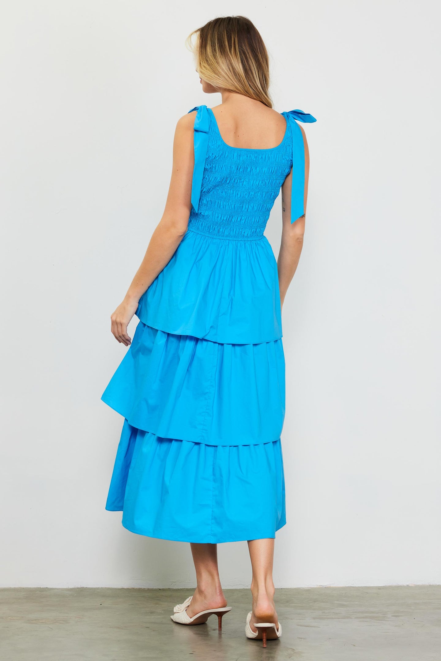 Smocked Bodice Ribbon Detail Tiered Midi Dress