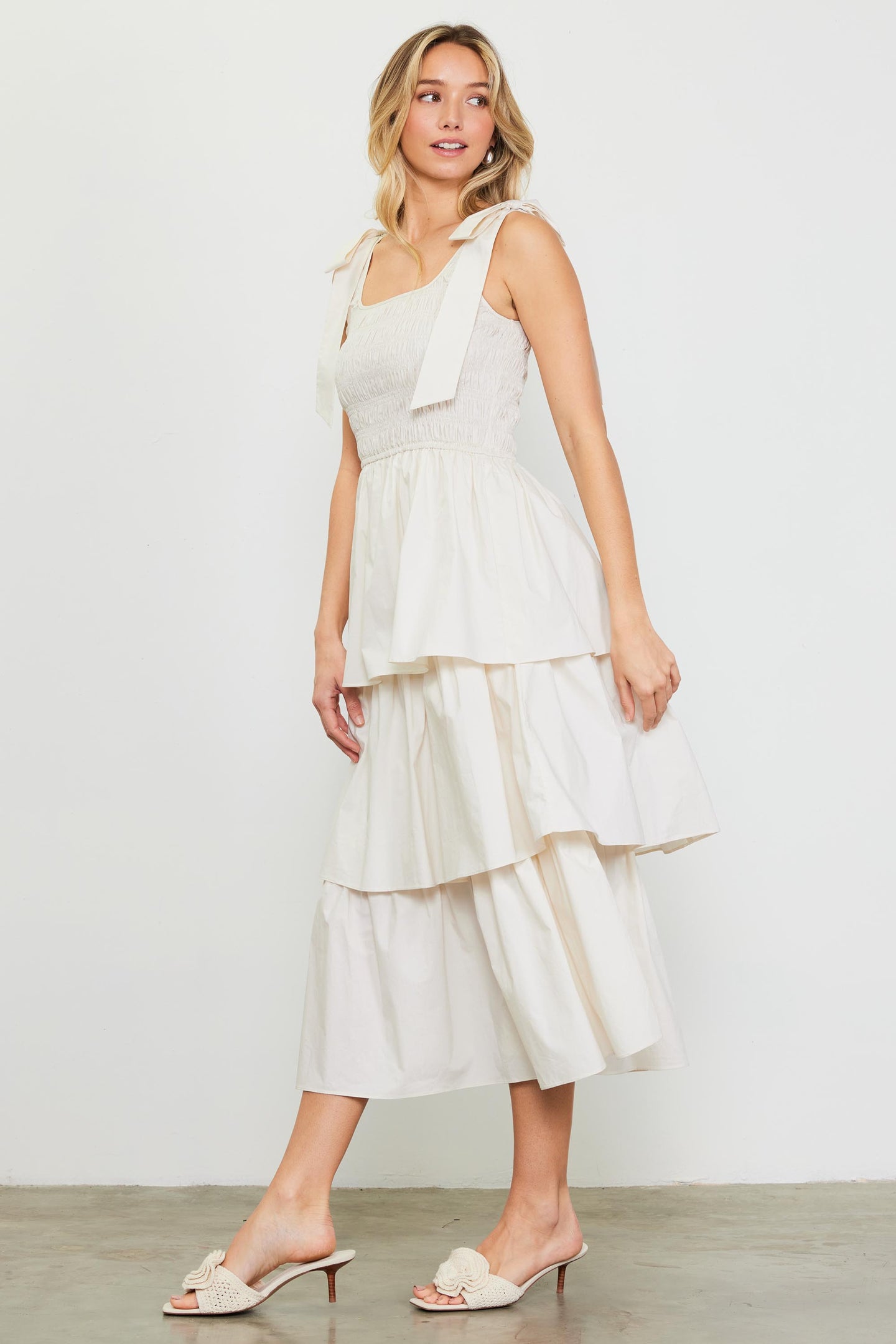 Smocked Bodice Ribbon Detail Tiered Midi Dress