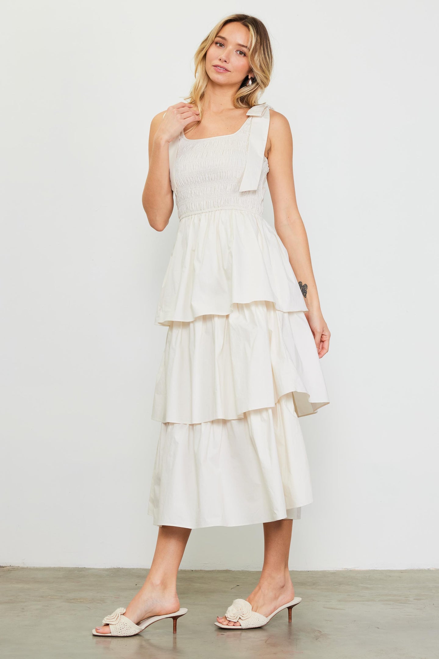 Smocked Bodice Ribbon Detail Tiered Midi Dress