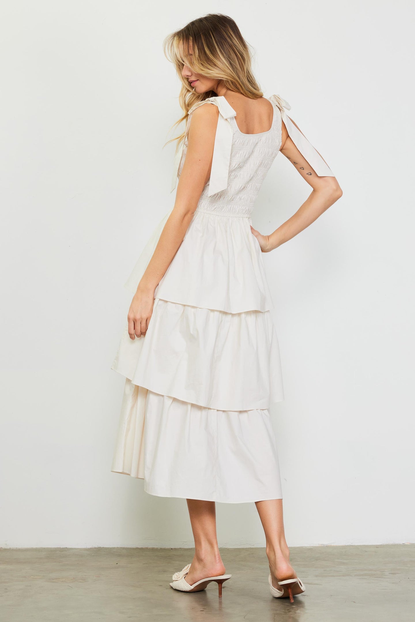 Smocked Bodice Ribbon Detail Tiered Midi Dress