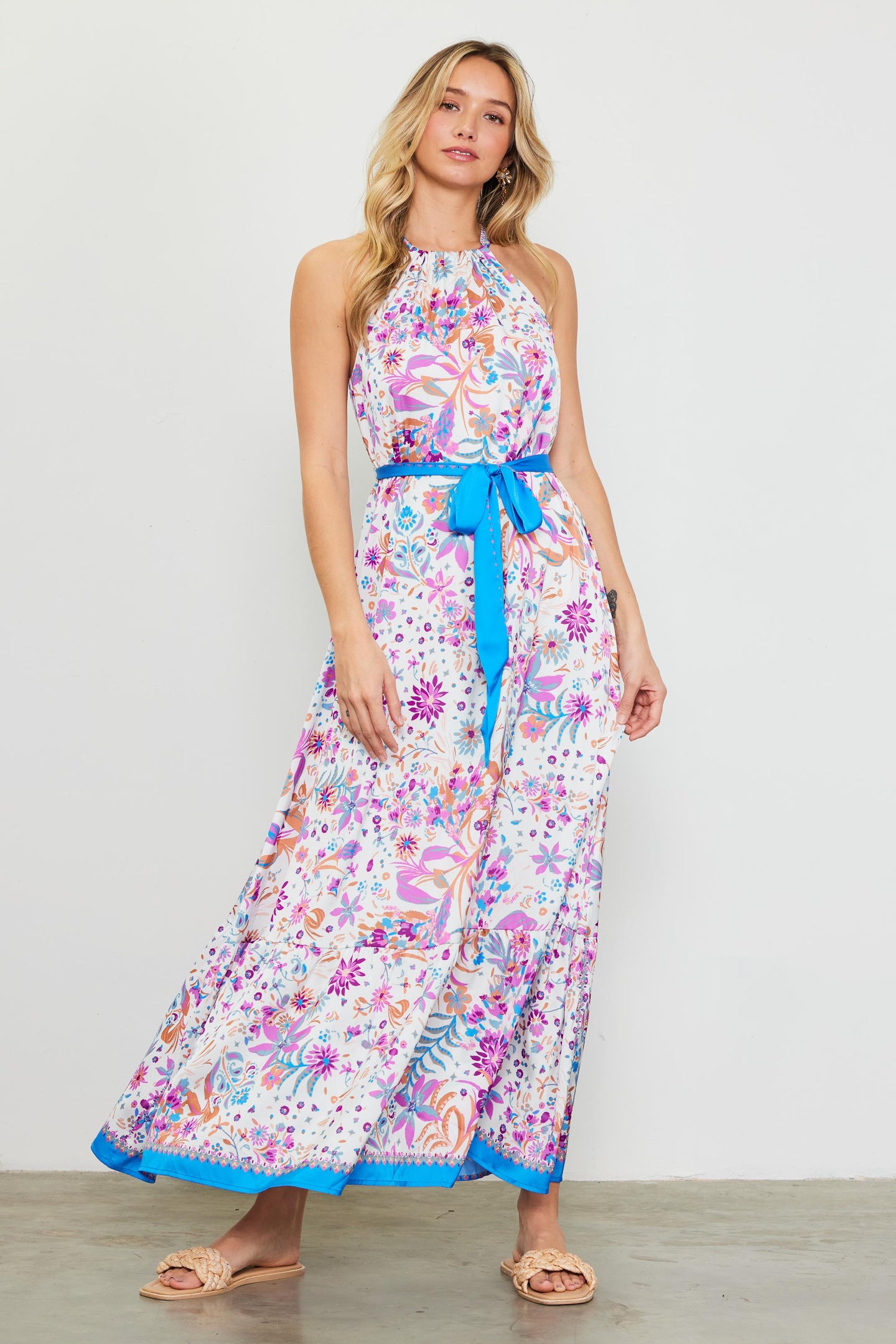 Magnolia Border Print Halter Neck Maxi Dress