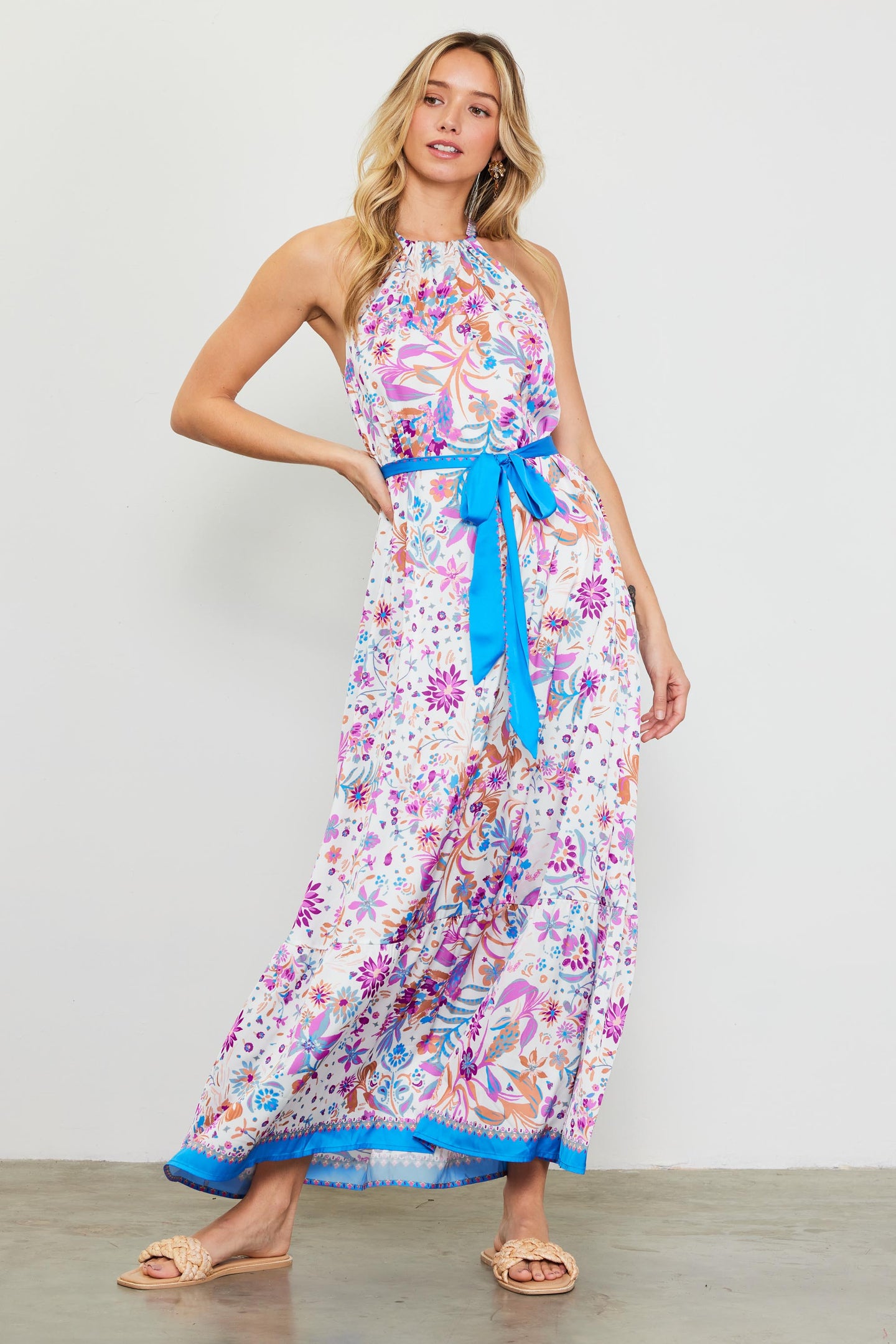 Magnolia Border Print Halter Neck Maxi Dress