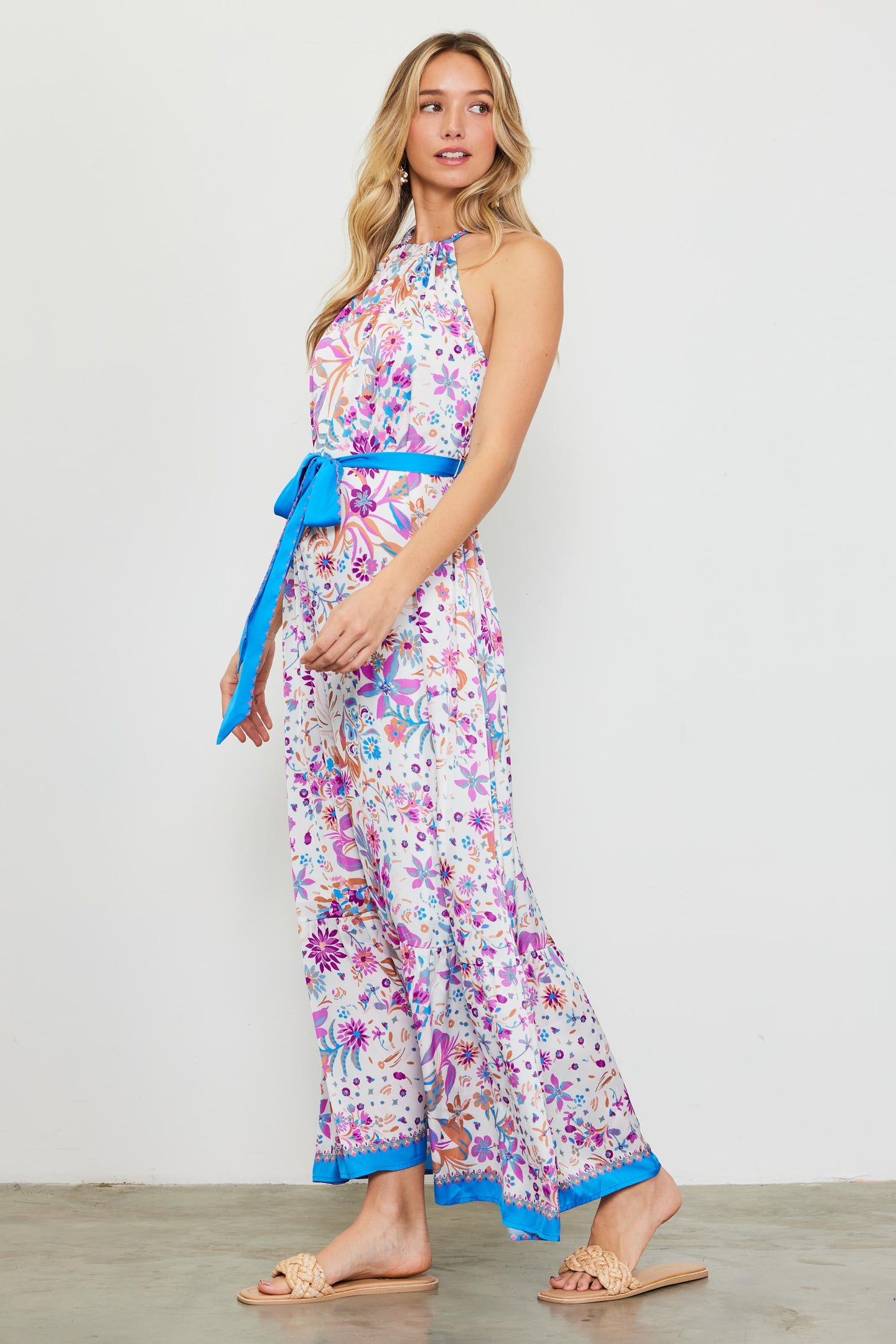 Magnolia Border Print Halter Neck Maxi Dress