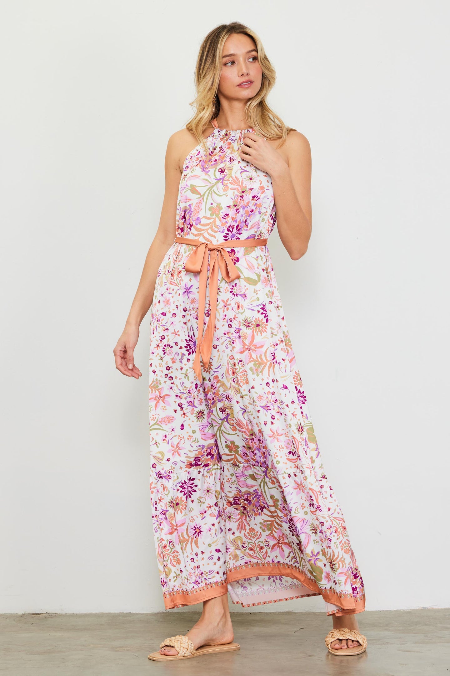 Magnolia Border Print Halter Neck Maxi Dress