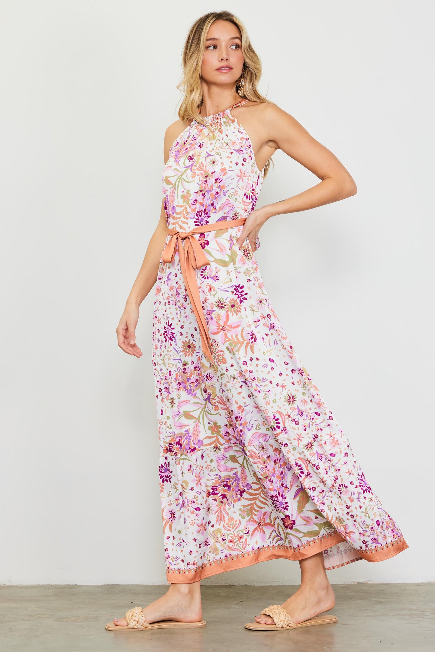 Magnolia Border Print Halter Neck Maxi Dress