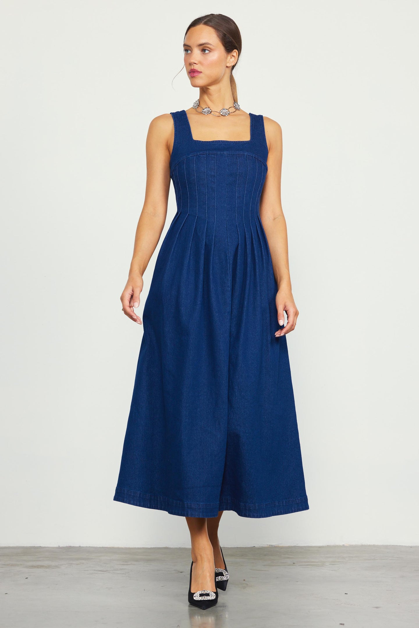 Fitted Bodice Pleated Maxi Dress