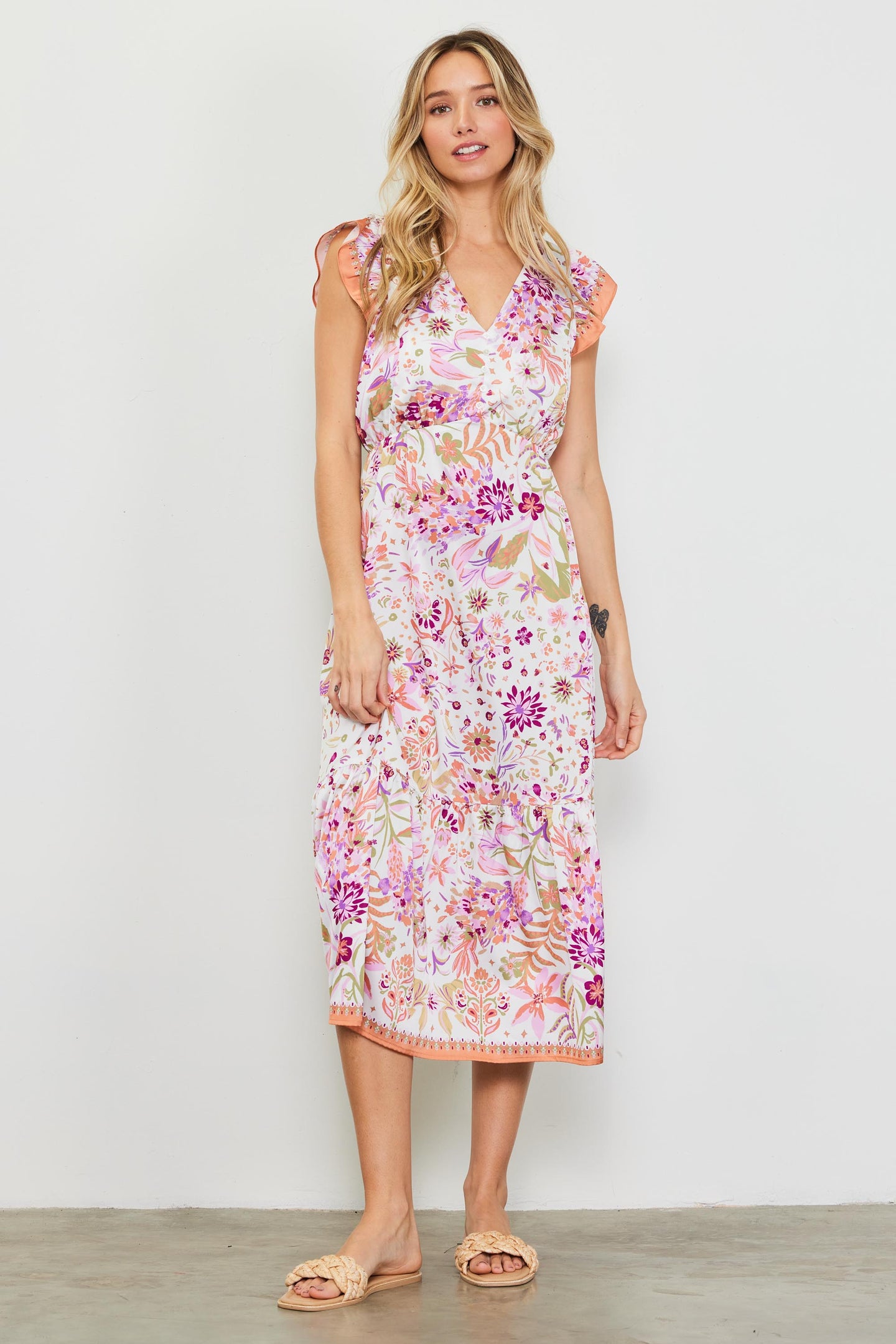 Magnolia Border Print Flutter Sleeve Dress