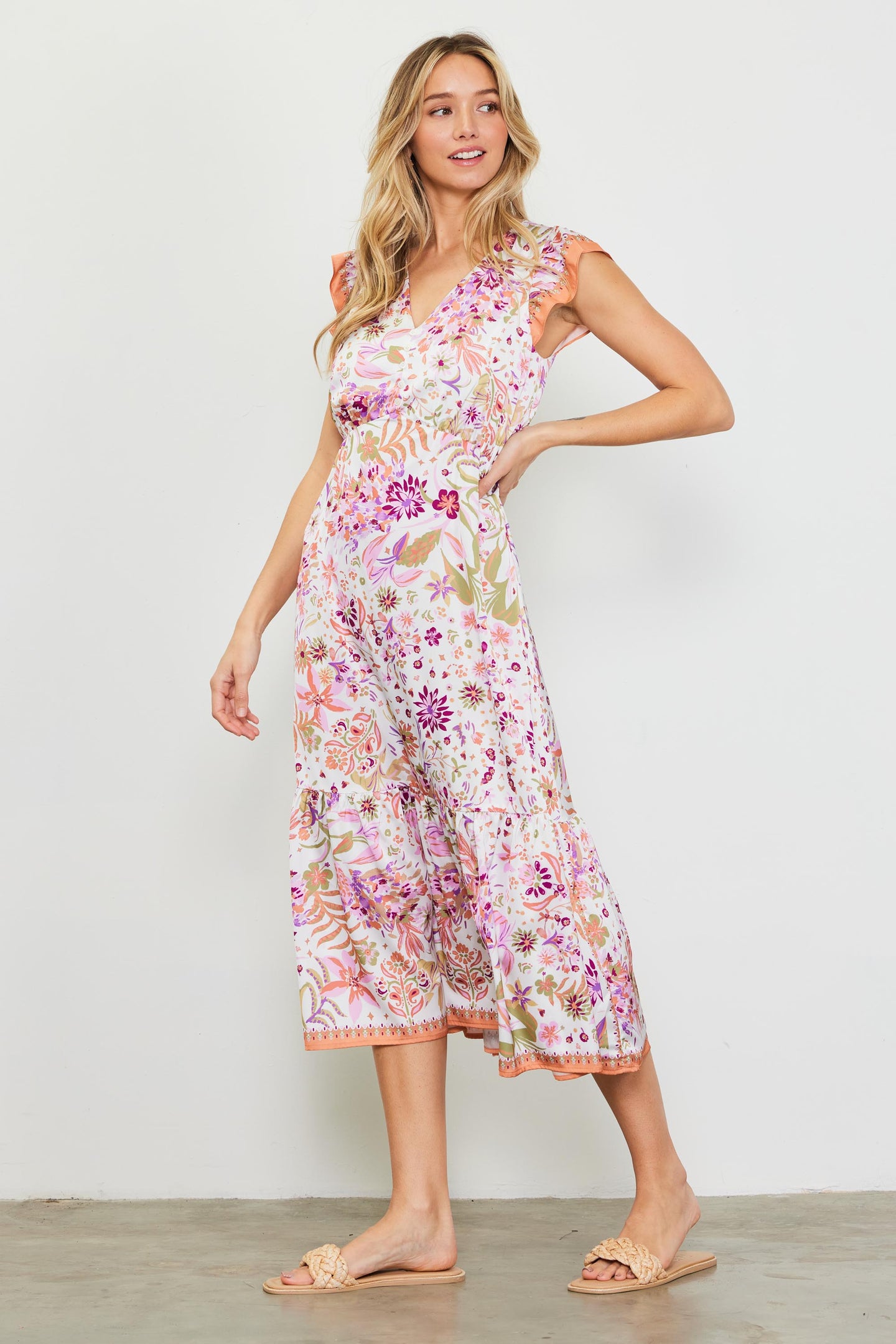 Magnolia Border Print Flutter Sleeve Dress