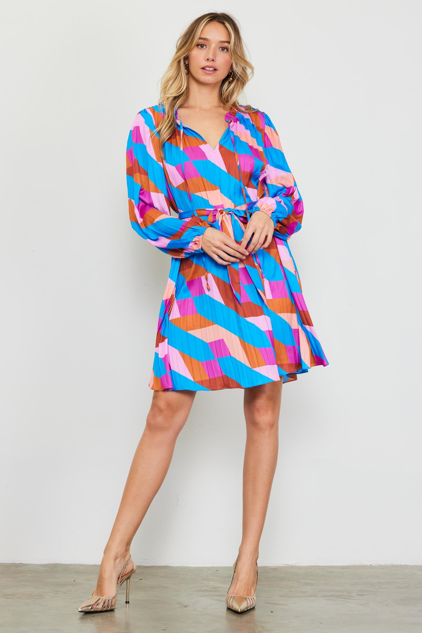 Pleated Geometric Print Mini Dress