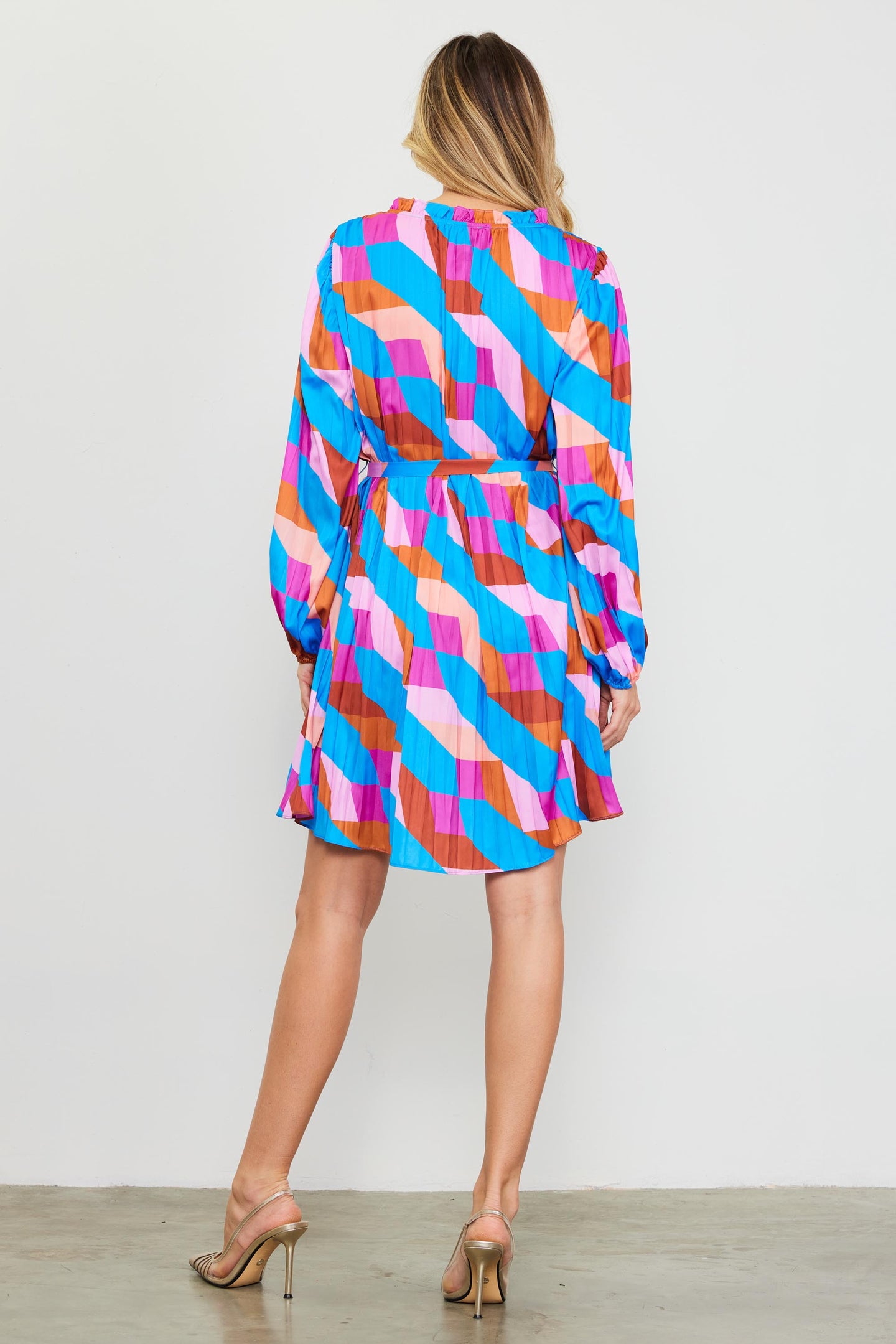 Pleated Geometric Print Mini Dress