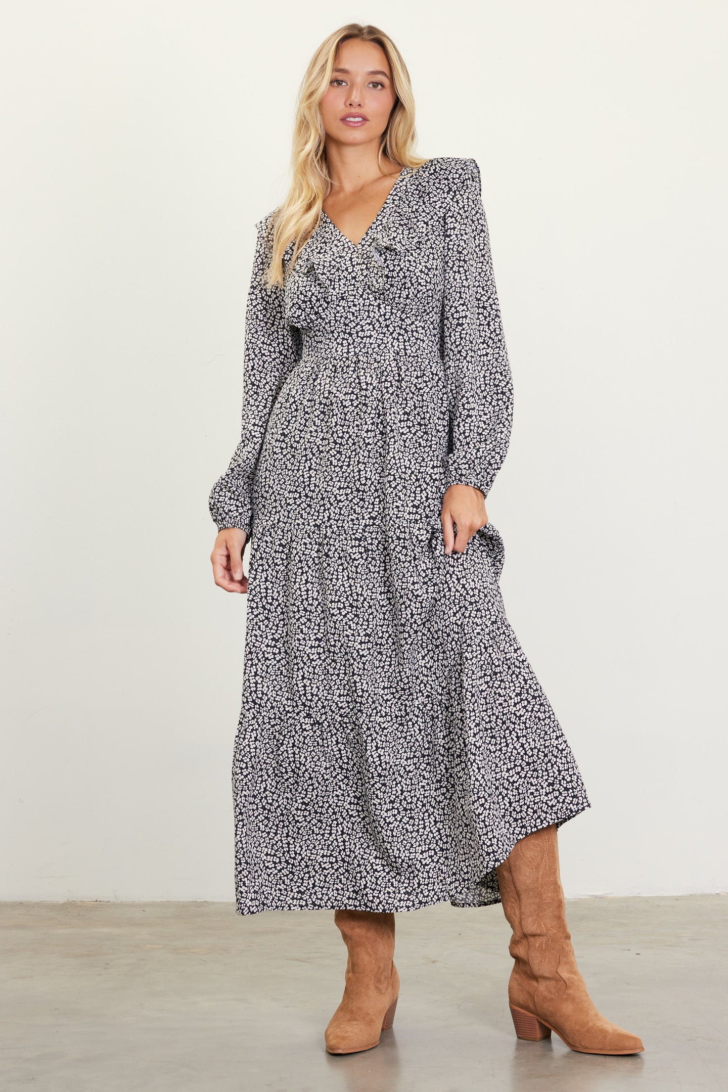 Dainty Floral Print Ruffle Trim Maxi Dress