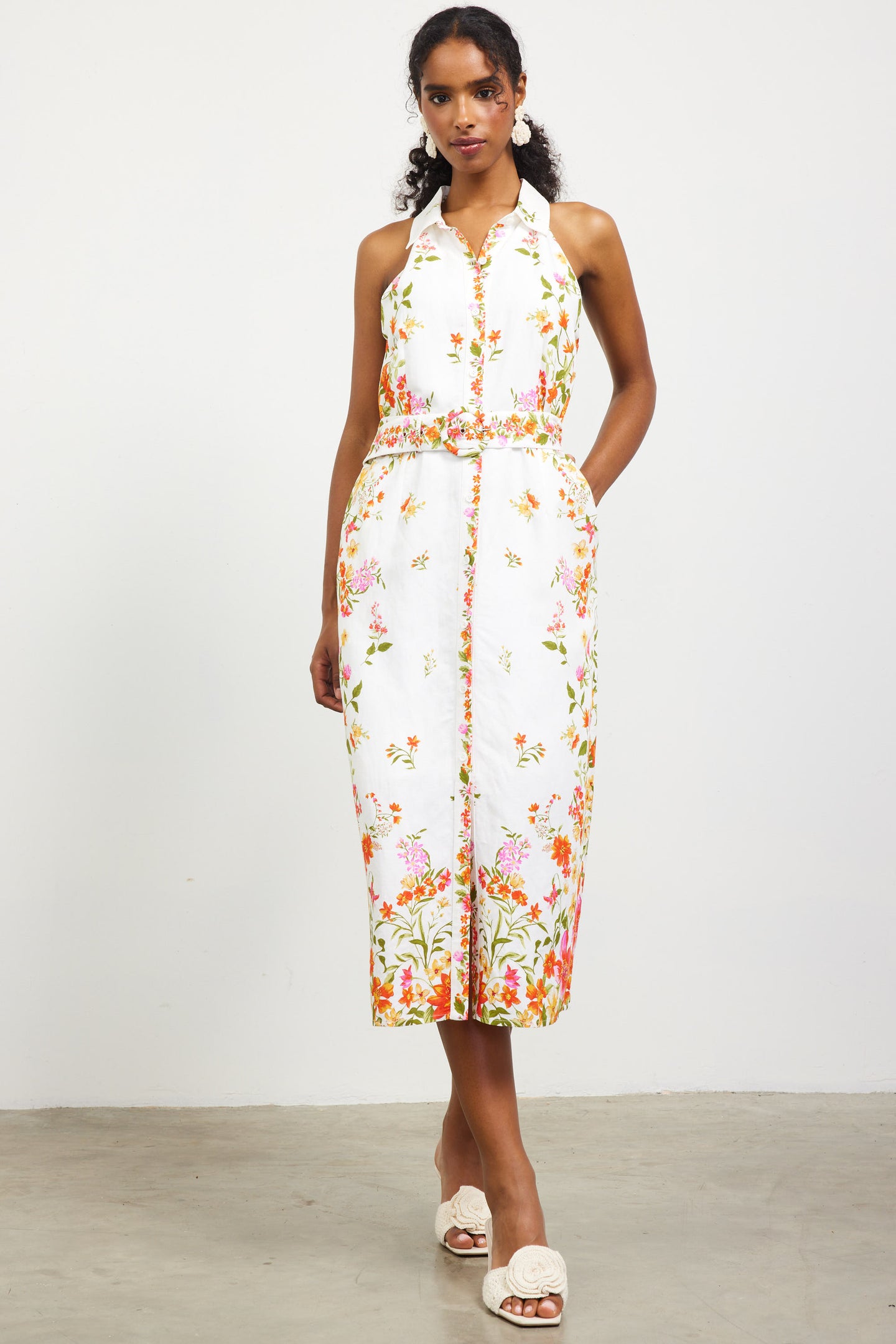 Floral Motif Sleeveless Midi Dress