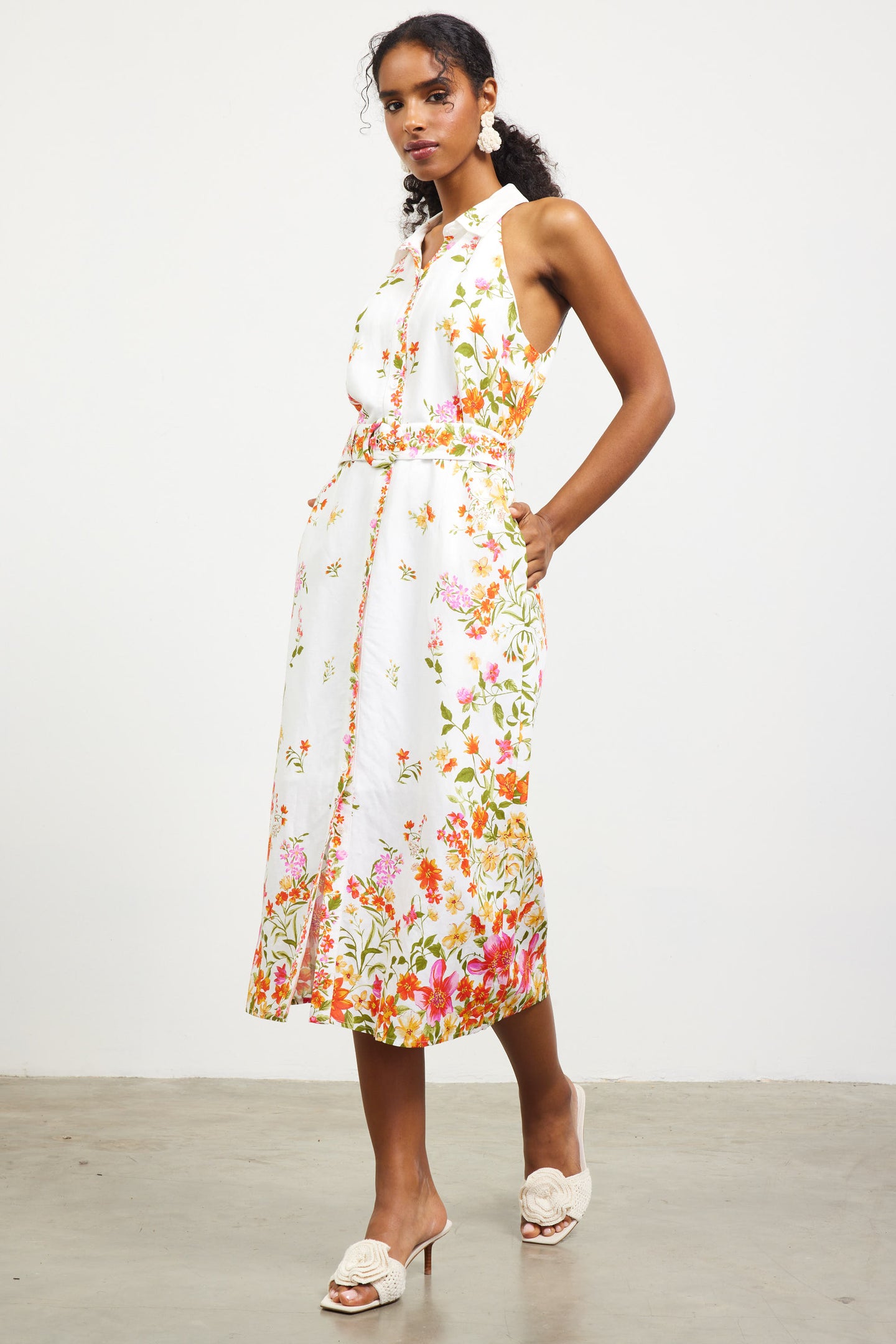 Floral Motif Sleeveless Midi Dress