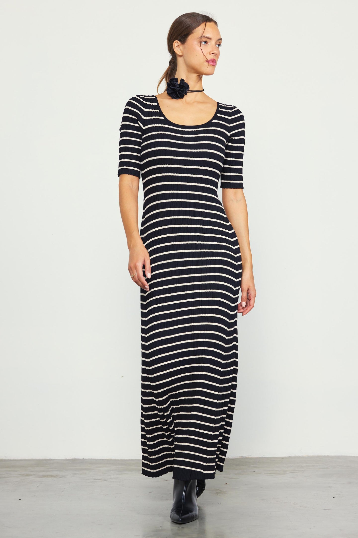 Short Sleeve Striped Knit Maxi Dress