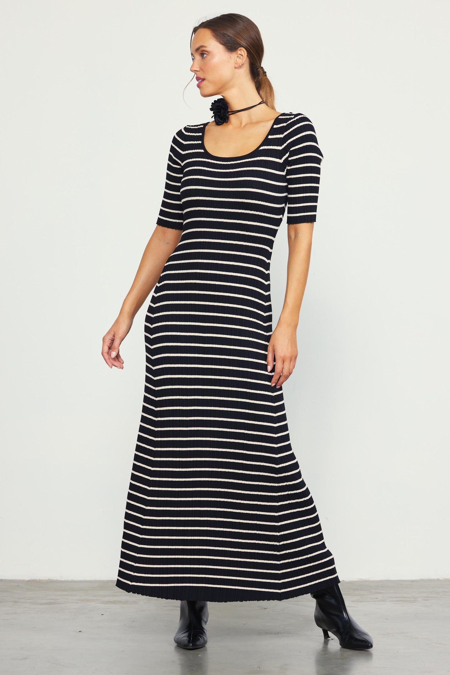 Short Sleeve Striped Knit Maxi Dress