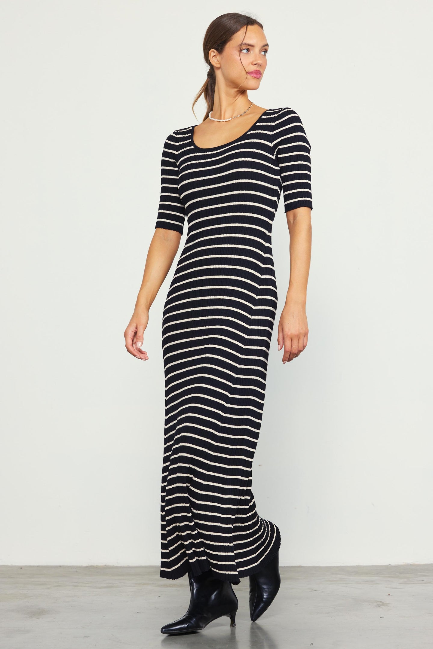 Short Sleeve Striped Knit Maxi Dress