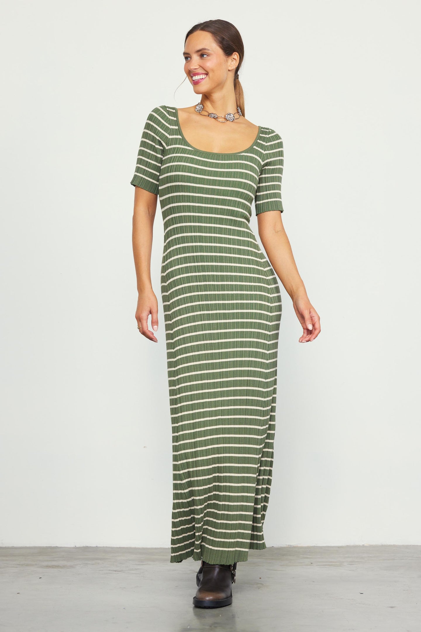 Short Sleeve Striped Knit Maxi Dress