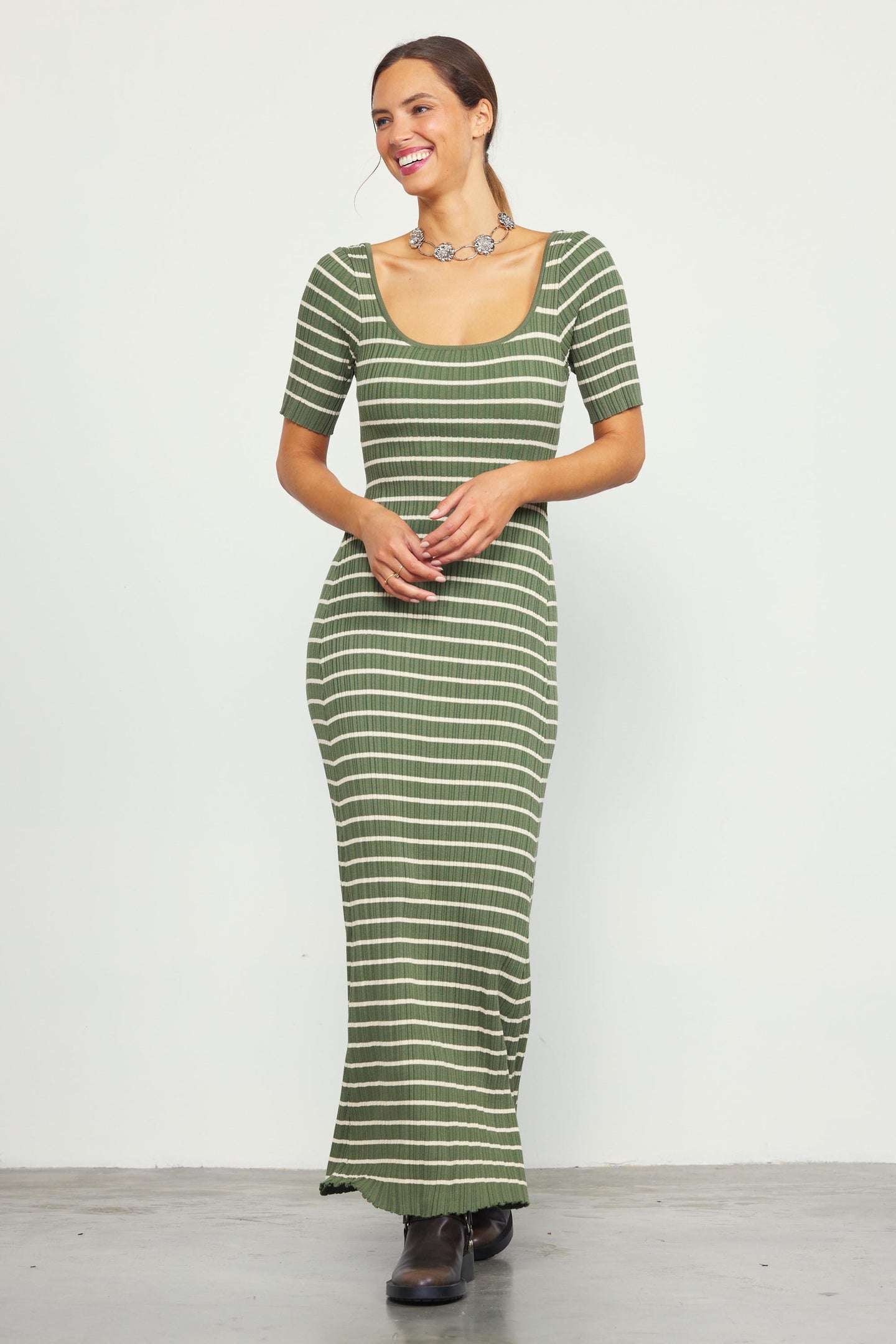 Short Sleeve Striped Knit Maxi Dress