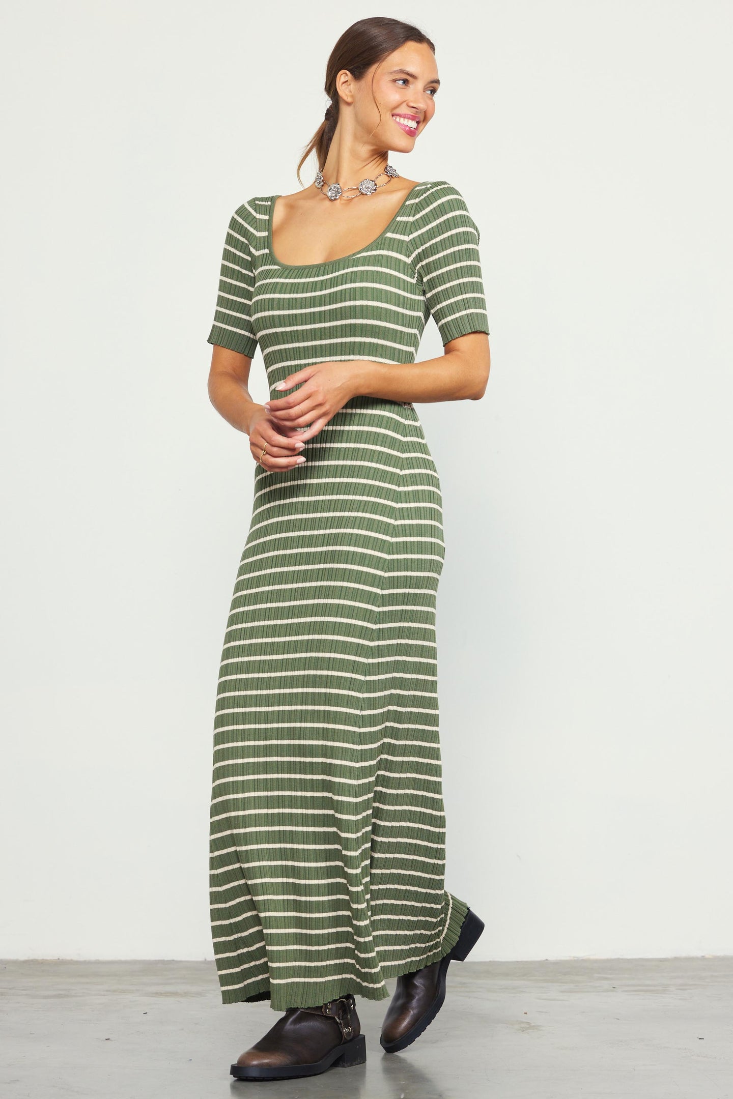 Short Sleeve Striped Knit Maxi Dress