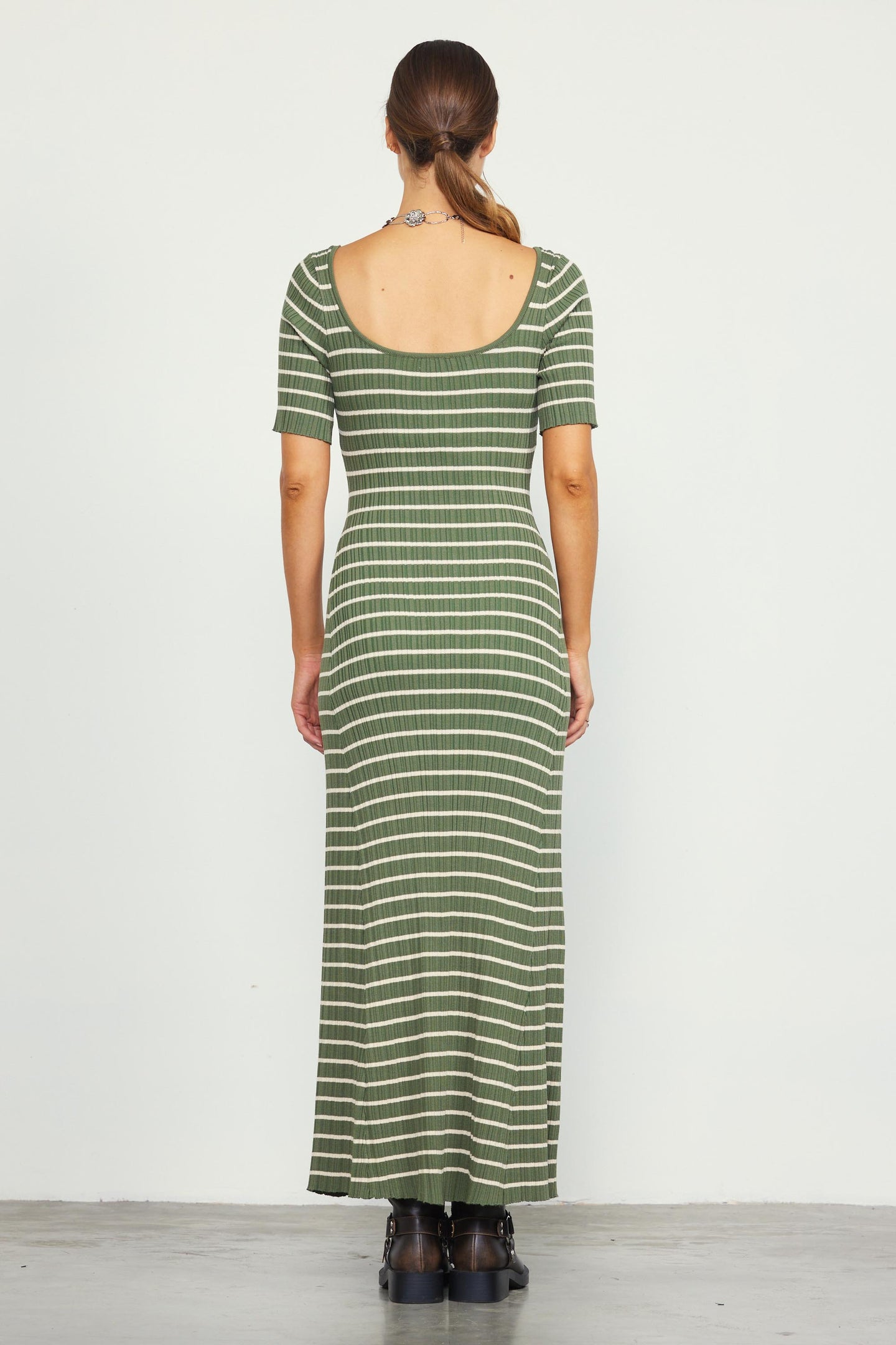 Short Sleeve Striped Knit Maxi Dress