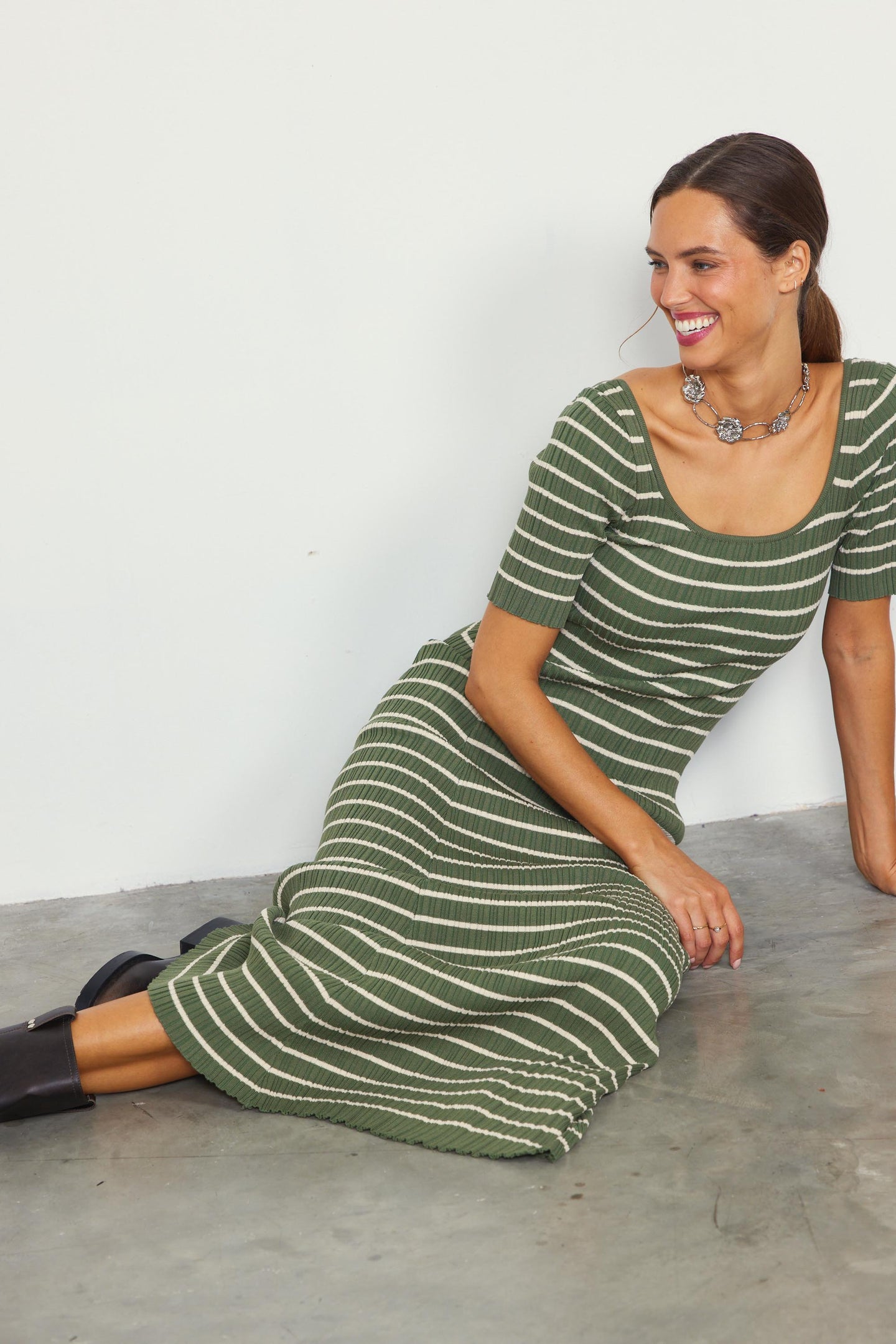 Short Sleeve Striped Knit Maxi Dress