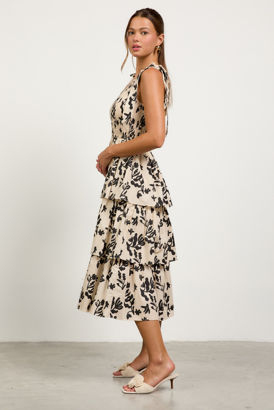 Floral Motif Poplin Tiered Midi Dress