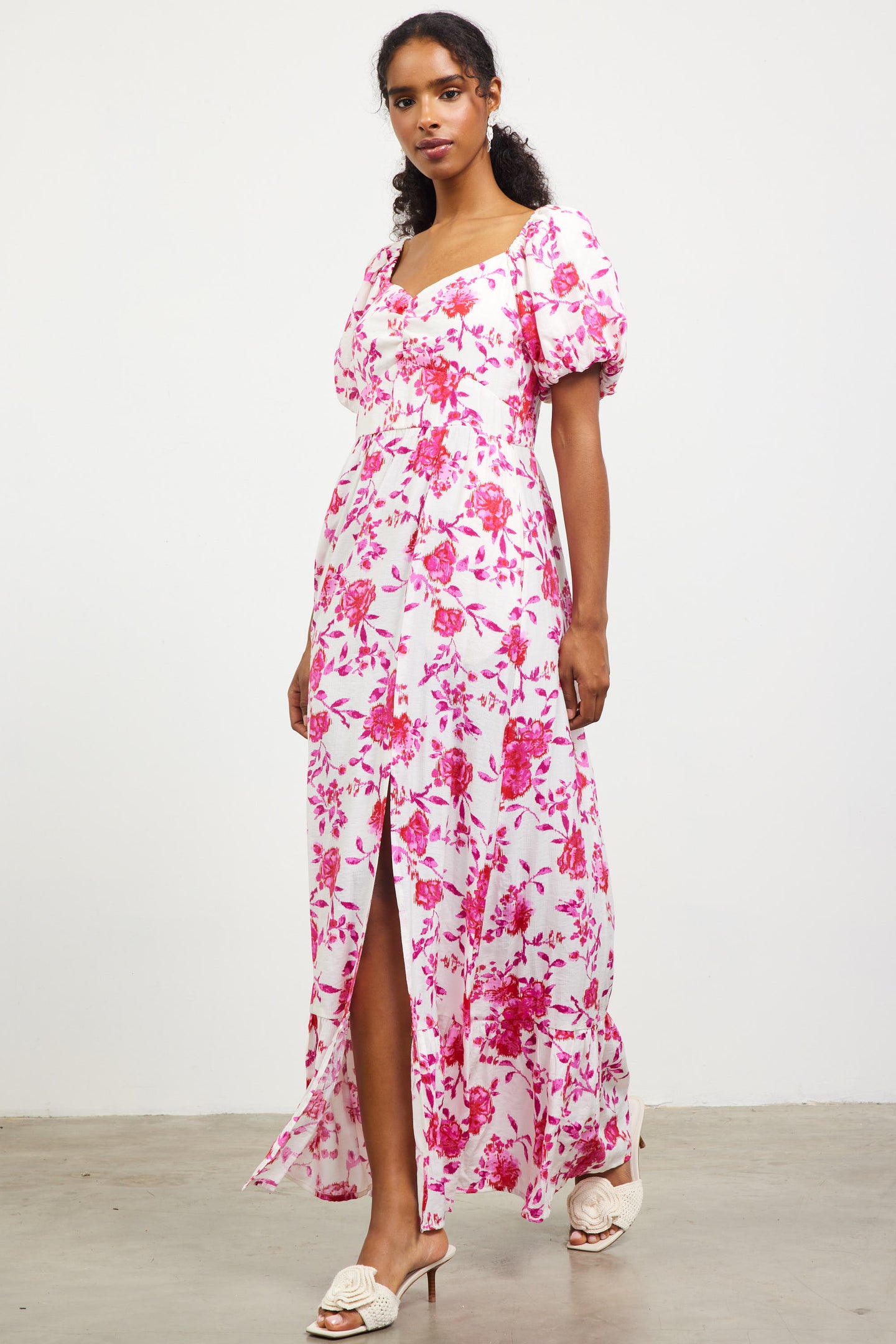 Ikat Floral Puffed Sleeves Maxi Dress