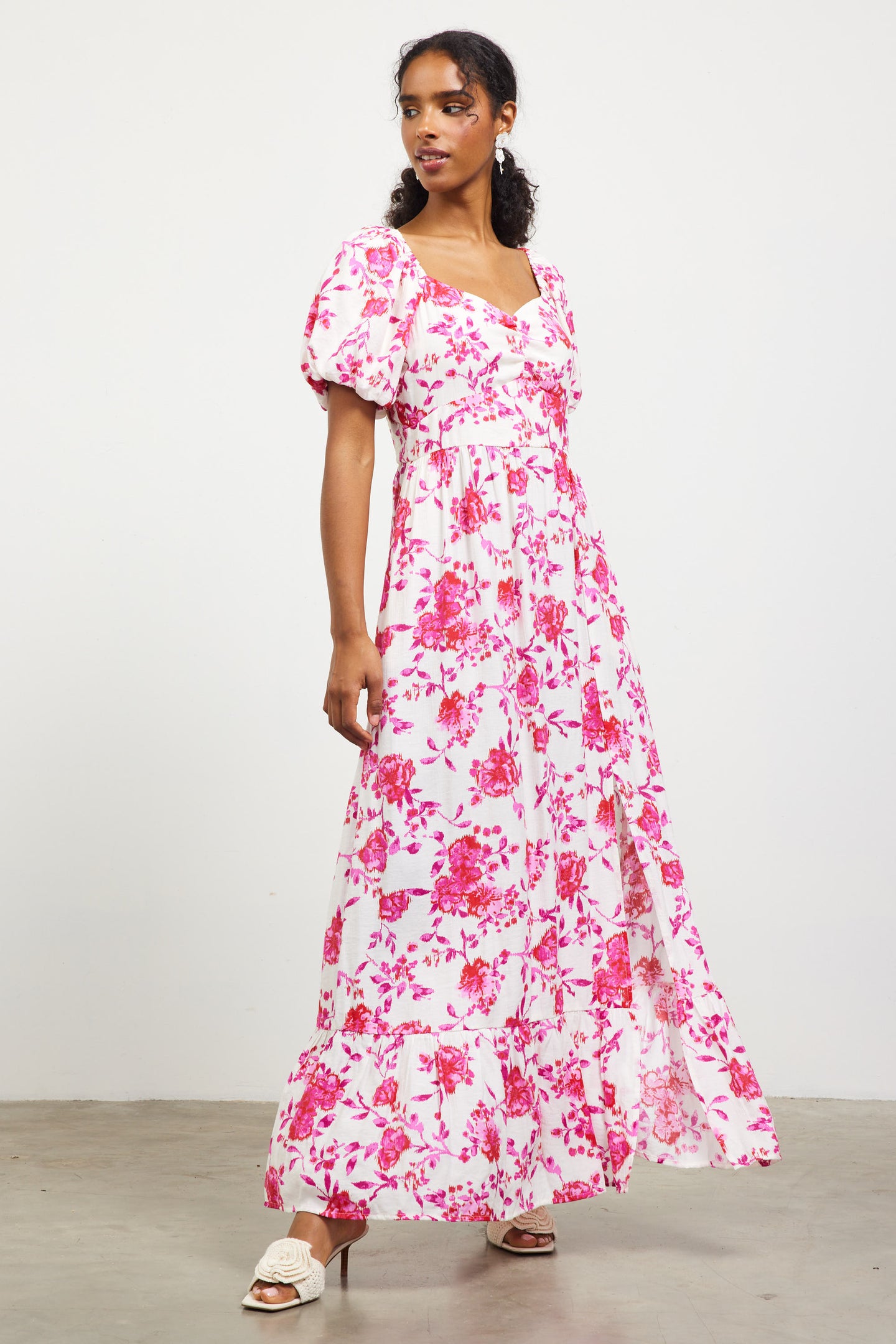 Ikat Floral Puffed Sleeves Maxi Dress