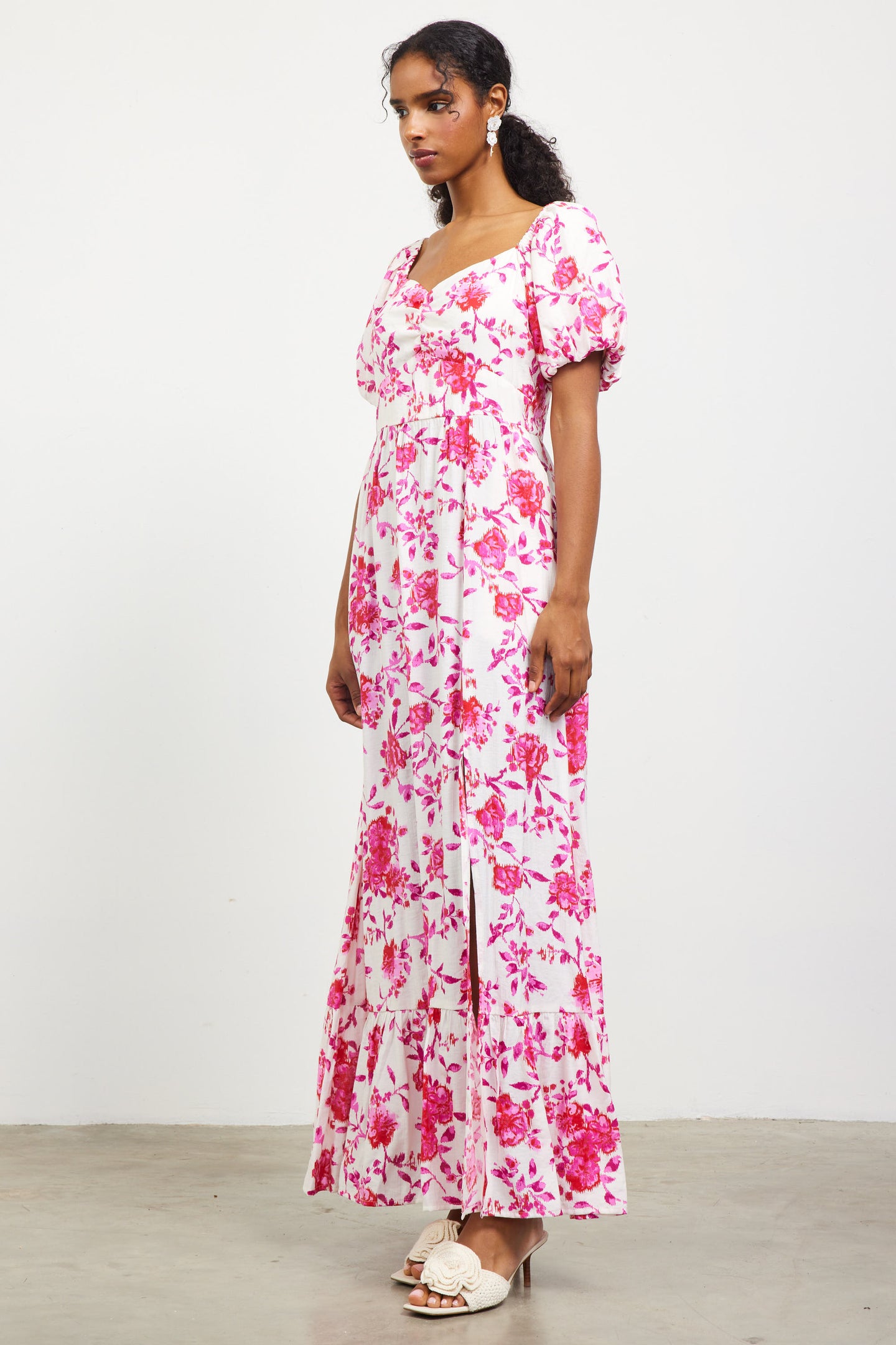 Ikat Floral Puffed Sleeves Maxi Dress