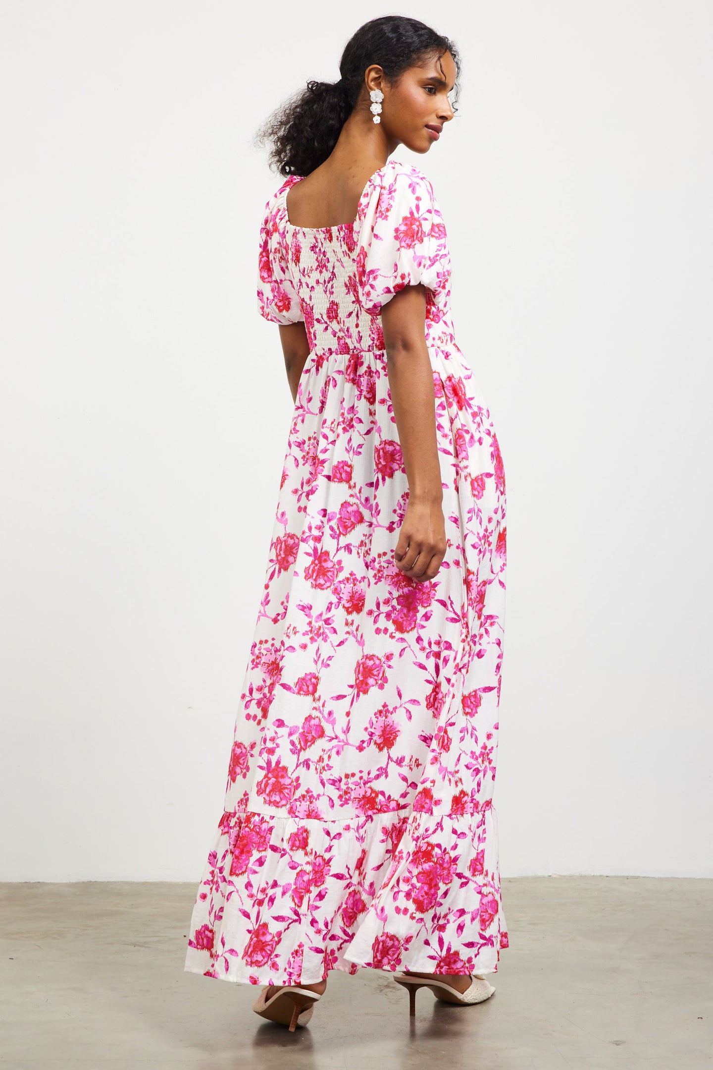 Ikat Floral Puffed Sleeves Maxi Dress