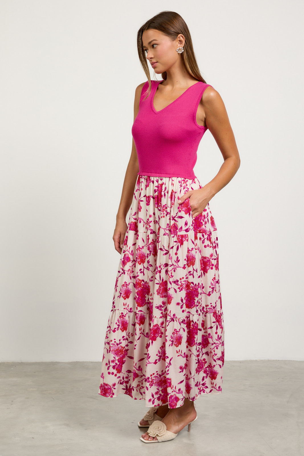 Mixed Media Ikat Floral Midi Dress