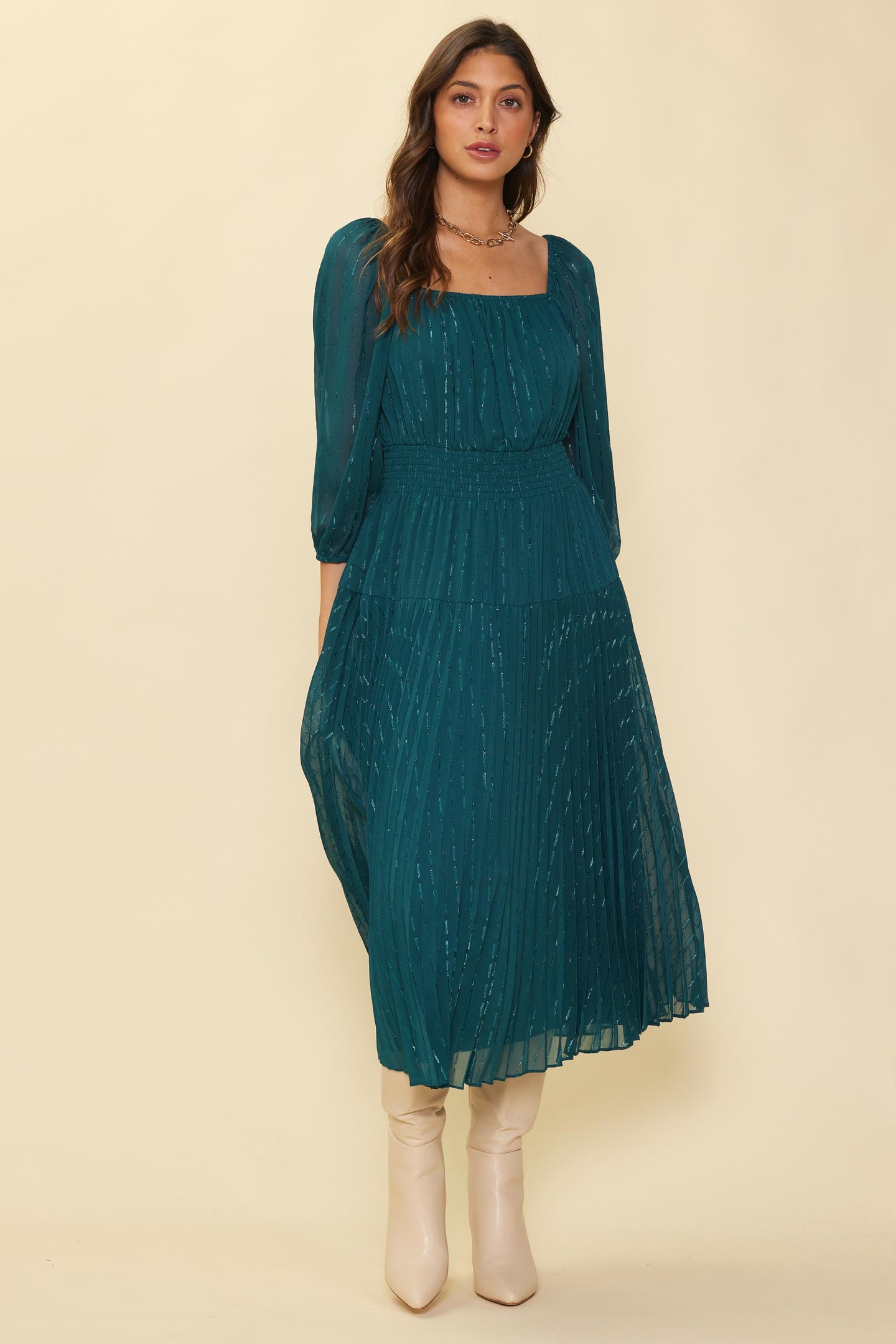 Shimmery Pleated Midi Dress