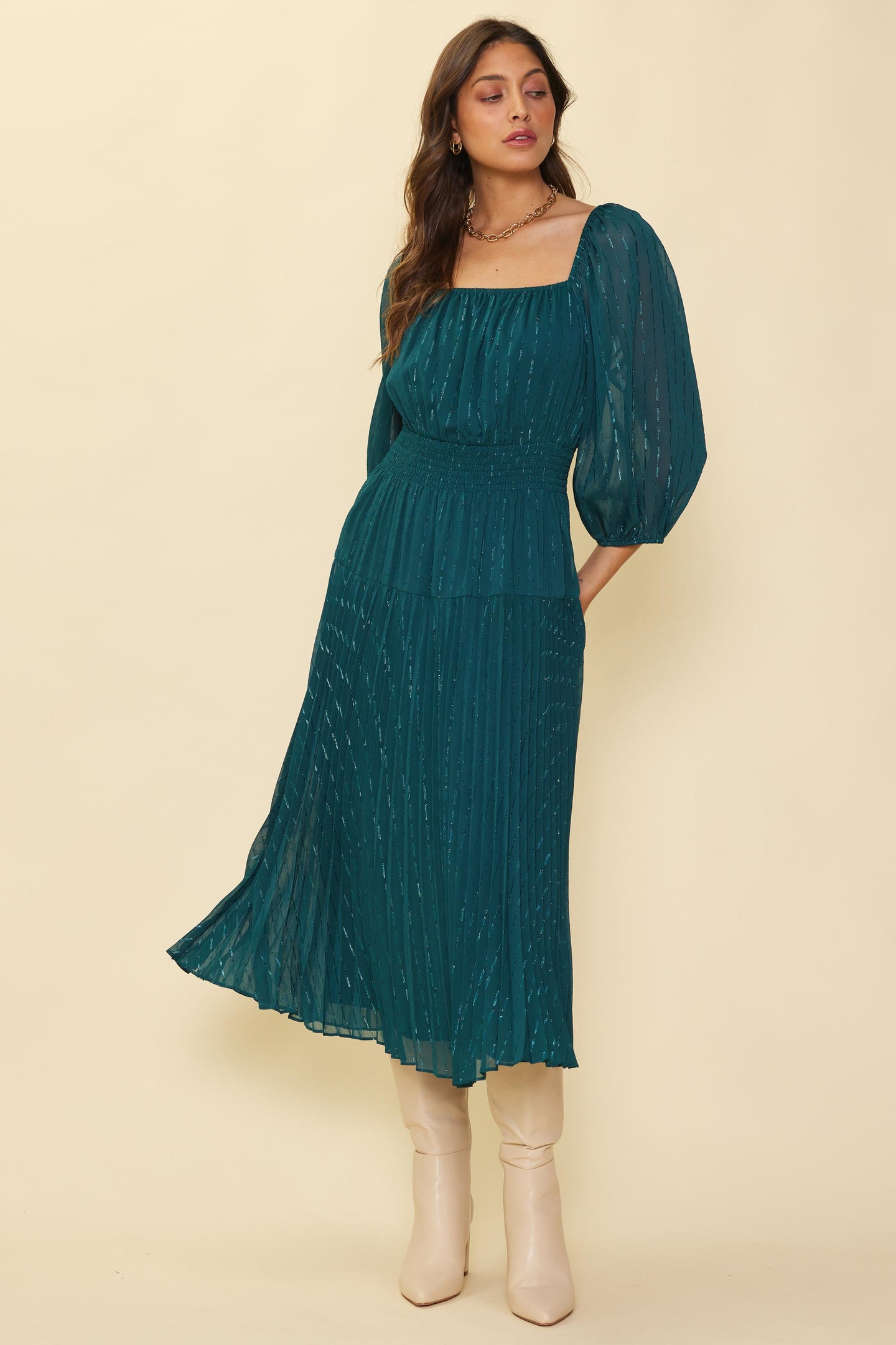 Shimmery Pleated Midi Dress