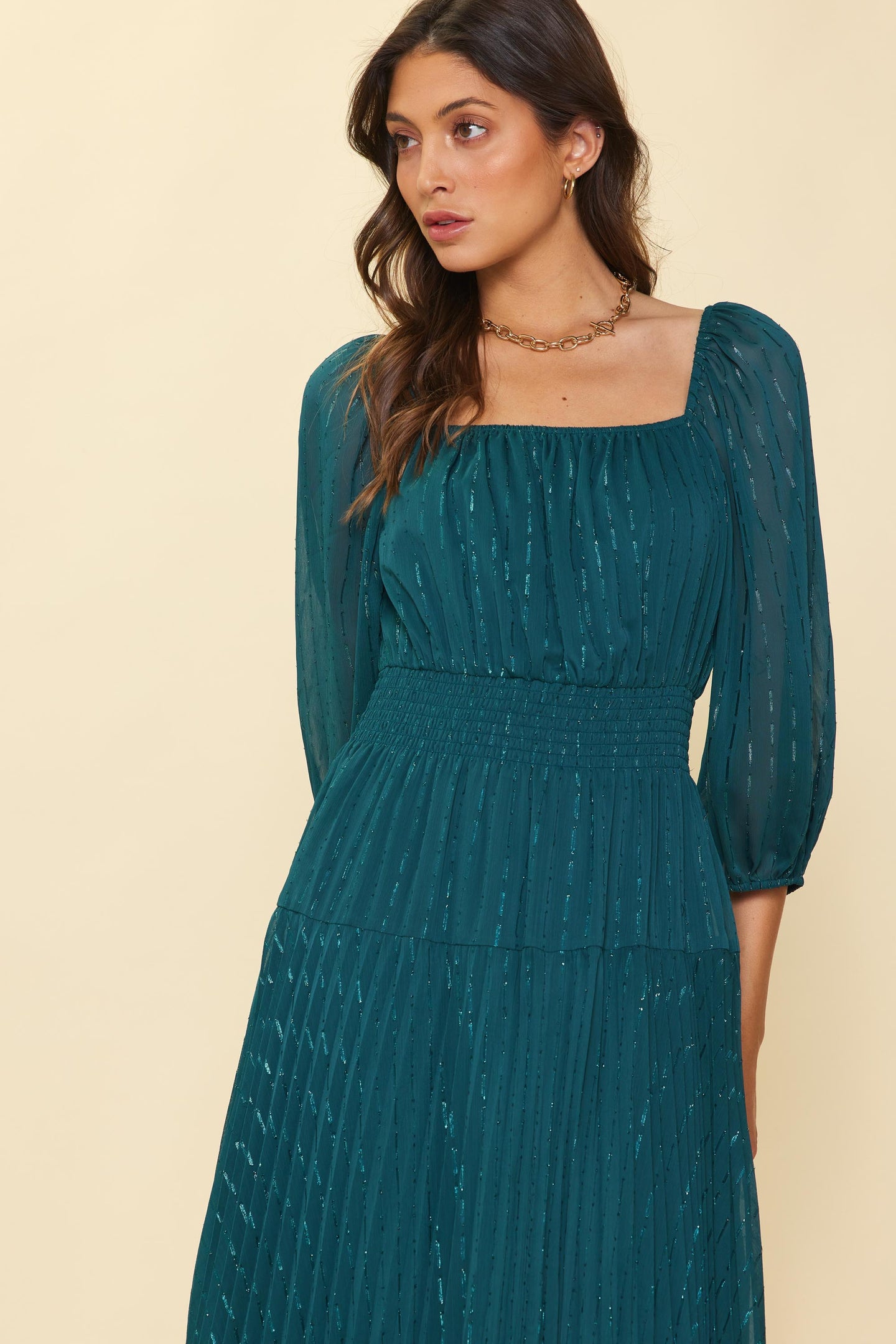 Shimmery Pleated Midi Dress