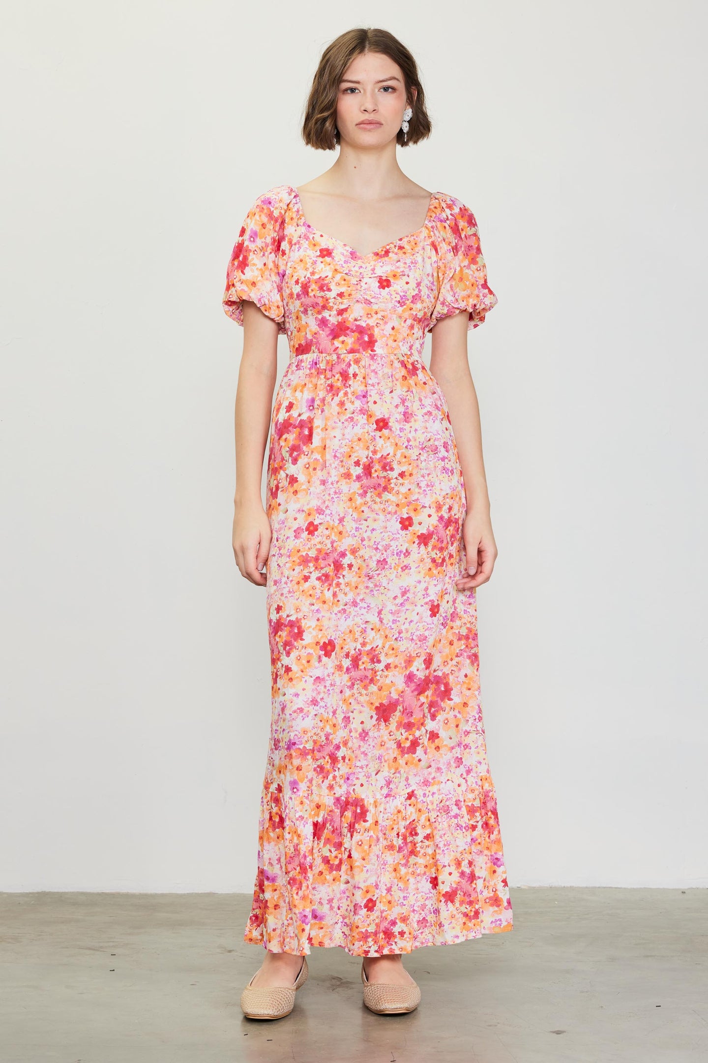 Peachy Floral Print Maxi Dress