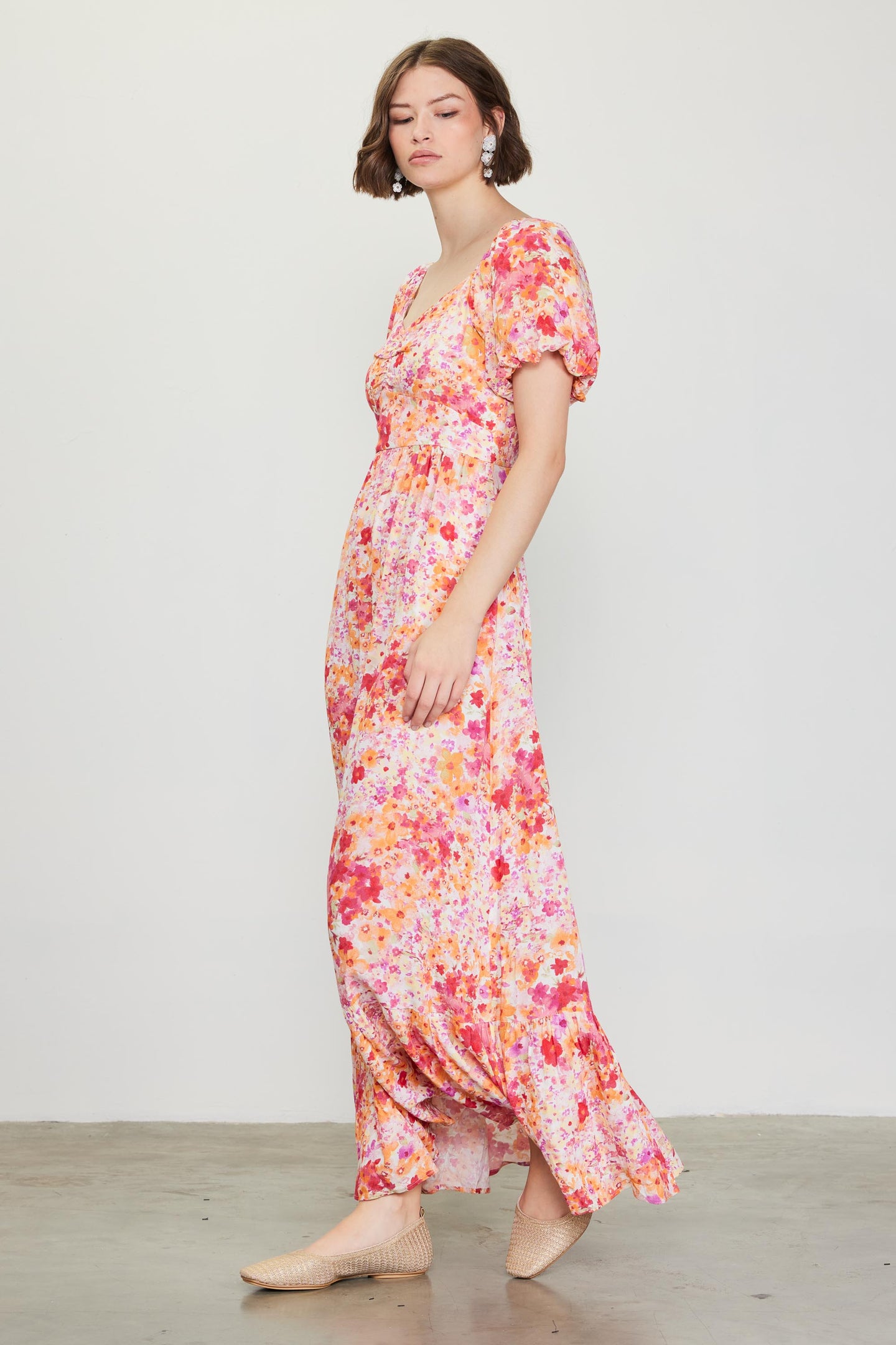 Peachy Floral Print Maxi Dress